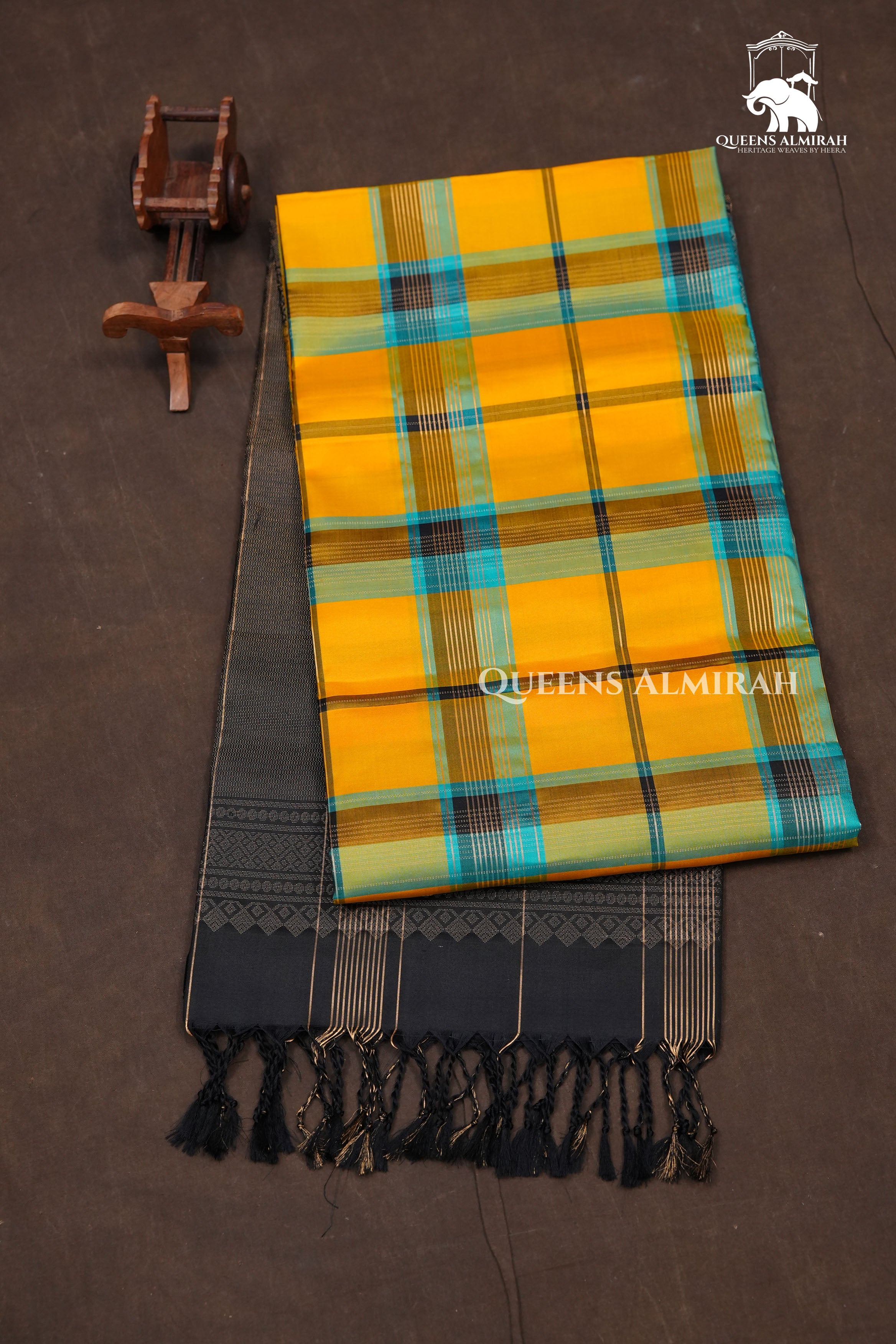 Yellow With Turquoise Blue Burberry Checks Pure Soft Silk Saree