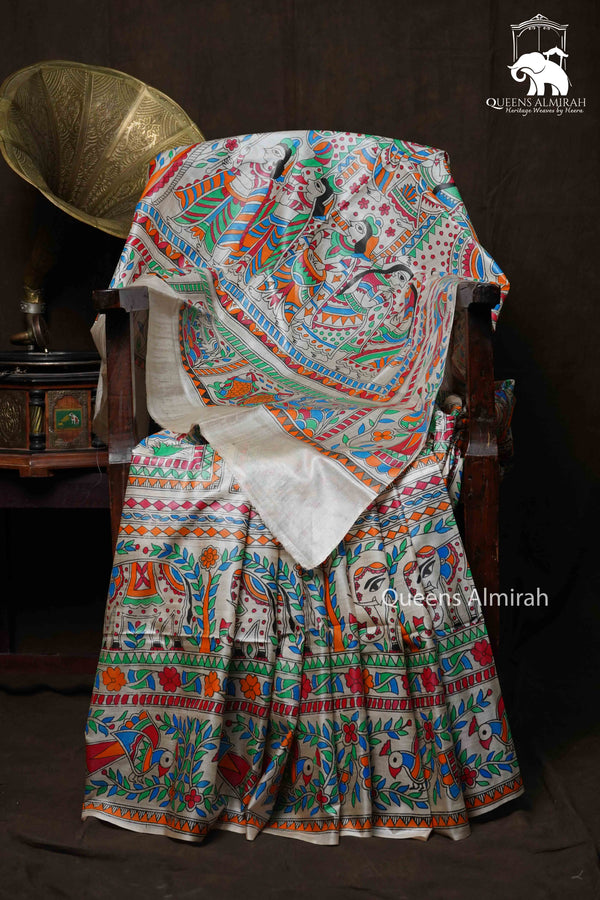 OFF WHITE MADHUBANI HAND PAINTED PURE TUSSAR SILK SAREE 10 - Queens Jewel Emporium