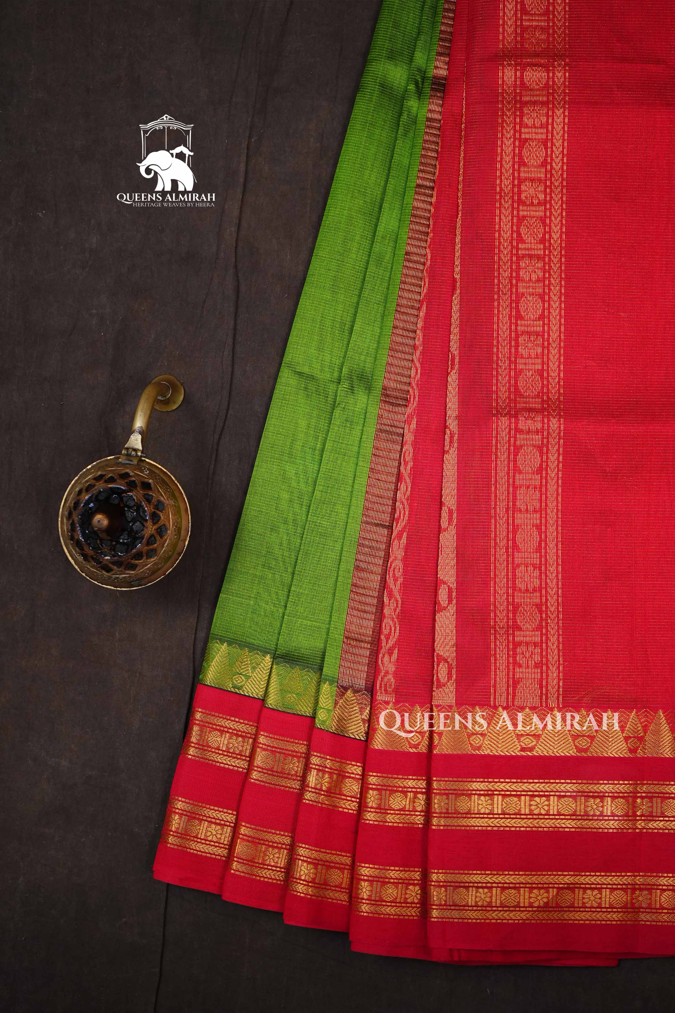 Avocado Green With Red Pure Kanchi Silk Cotton Saree