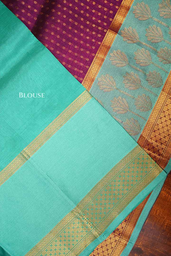 Purple With Tuquoise Blue Pure Kanchi Silk Cotton Saree