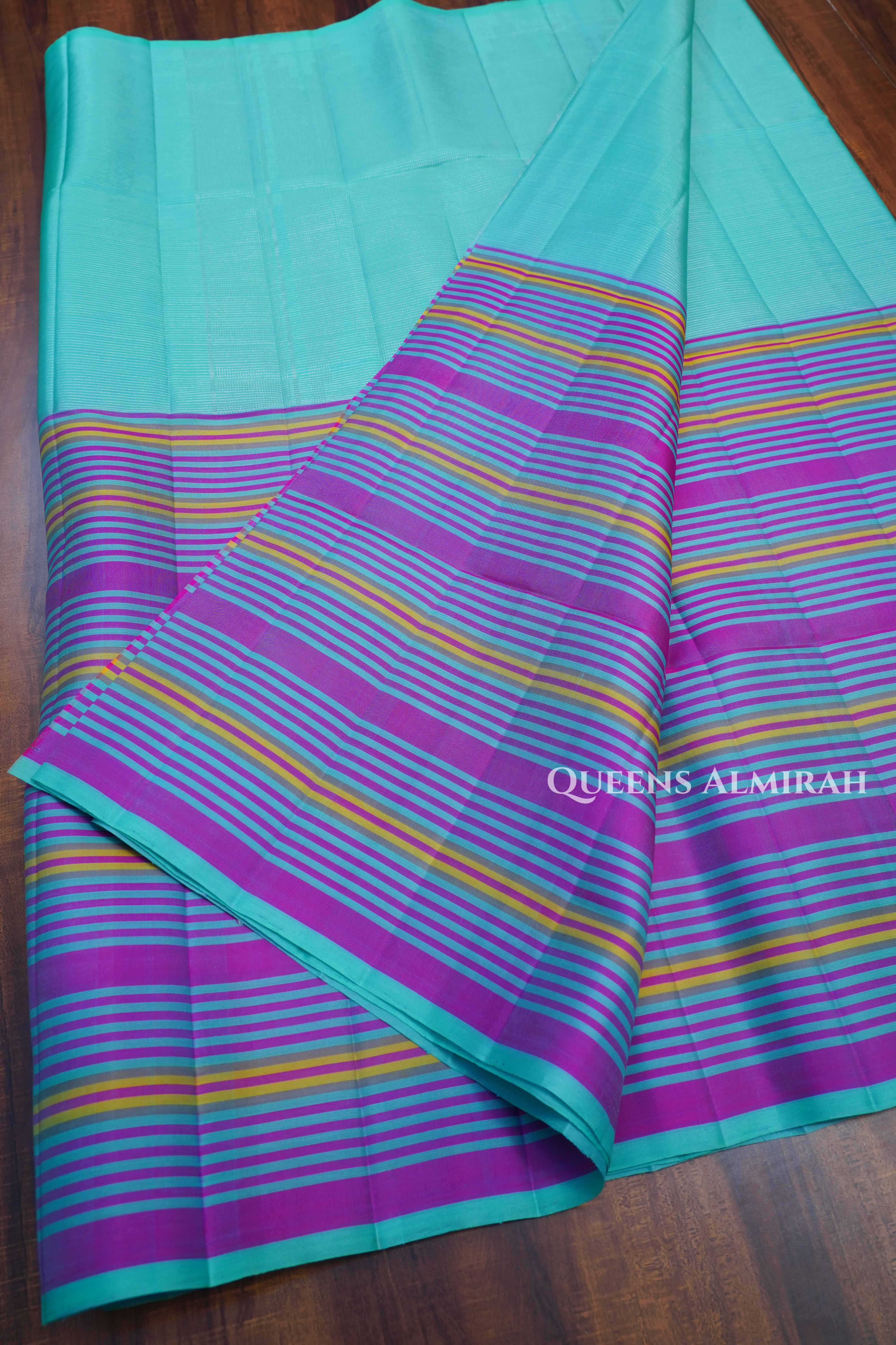 Turquoise Blue With Stripes Pure Soft Silk Saree