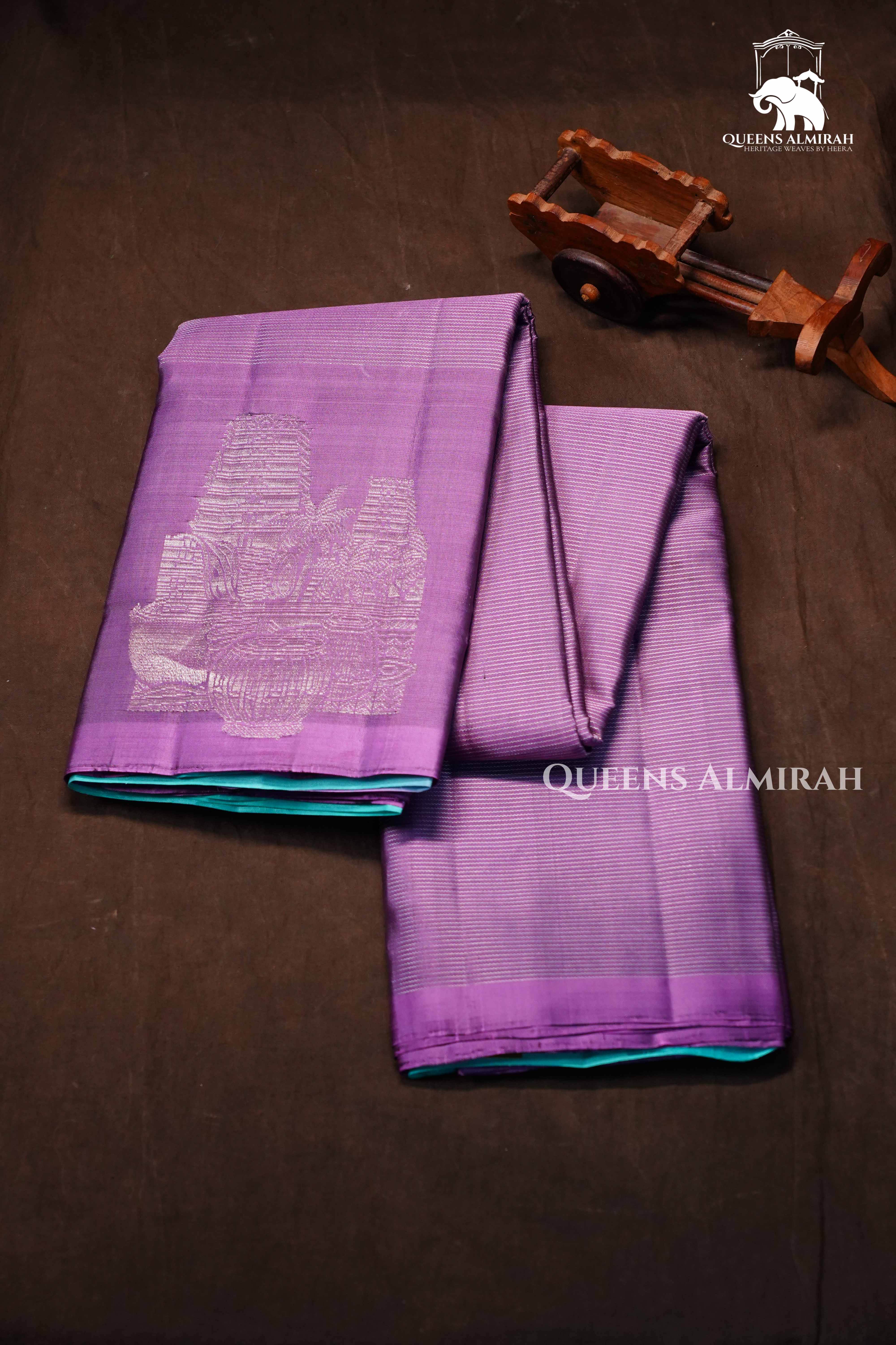 Lilac Pink With Sea Blue  Pure Kanchivaram Silk Saree