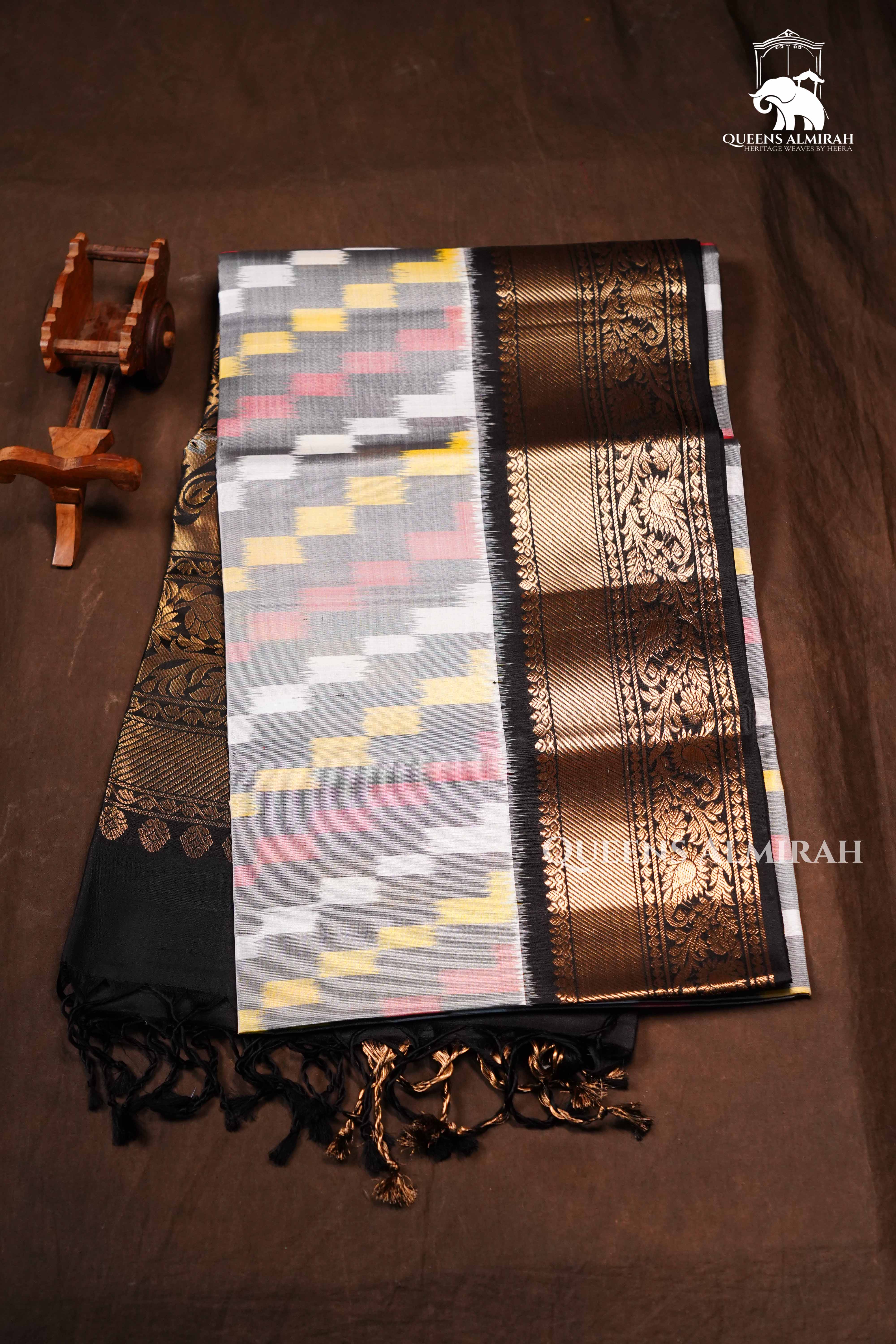 White Multi color With Black Pure Soft Silk Saree