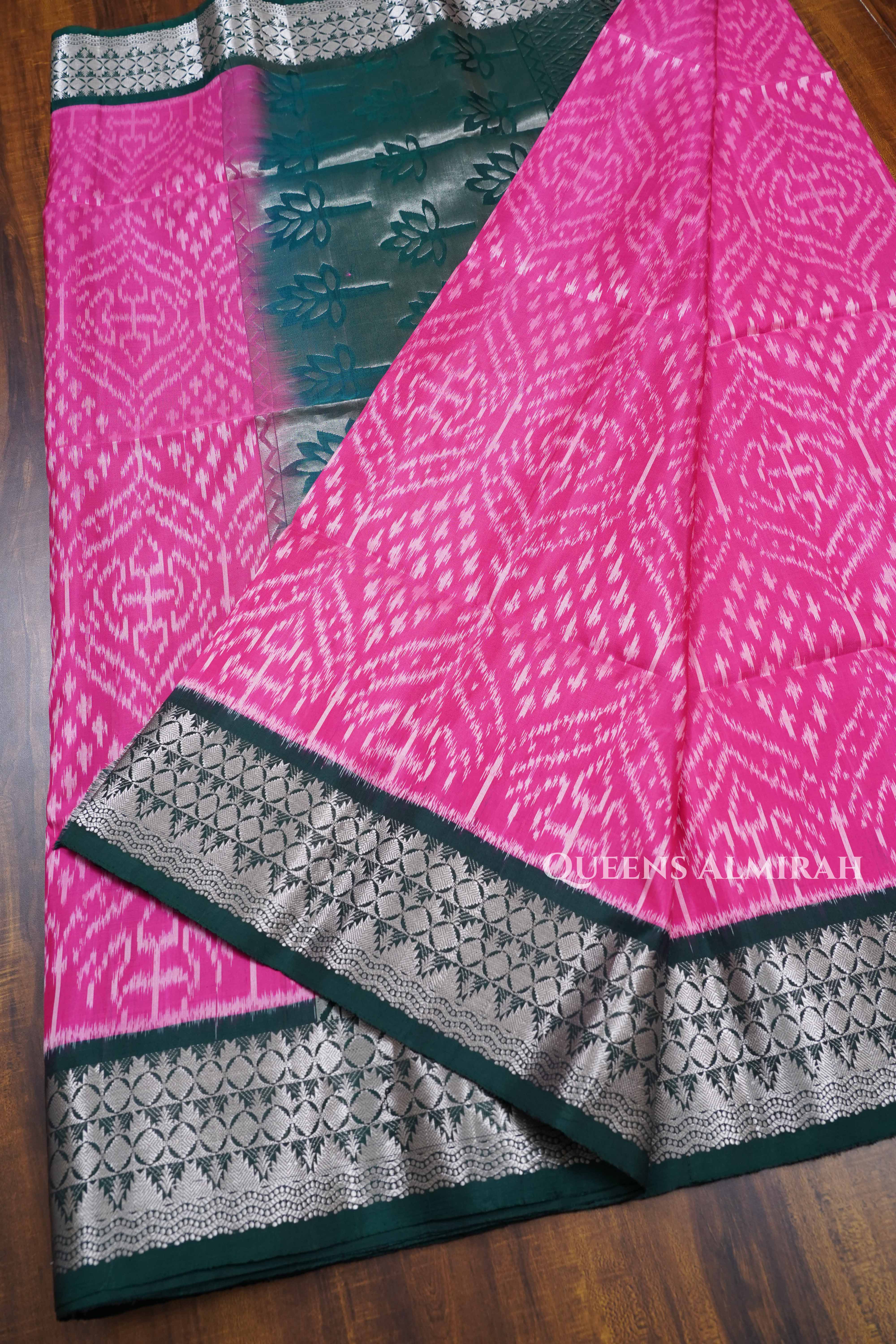 Pink With Dark Green Pure Soft Silk Saree