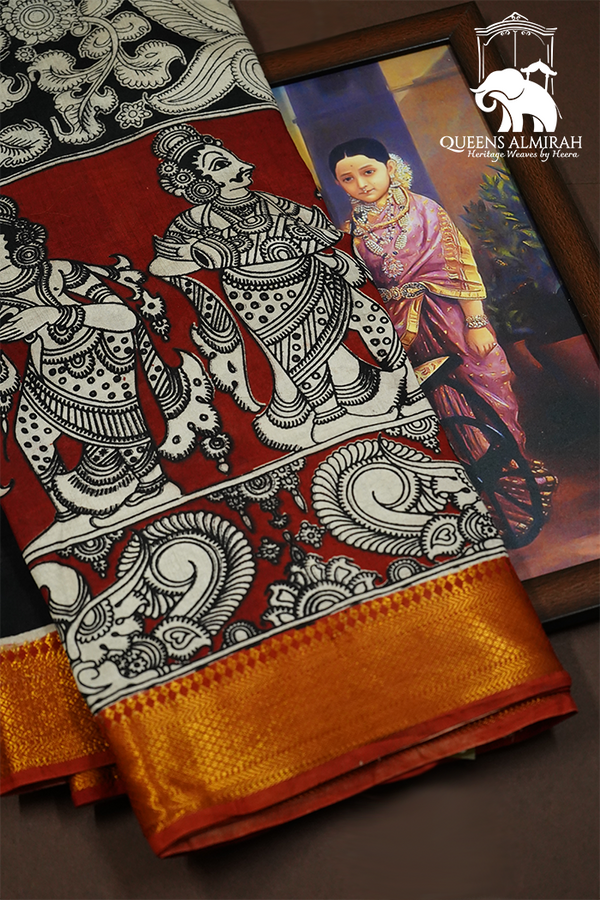 ROSE WOOD WITH RED AND GOLDEN BORDER  MANGALGIRI SAREE - Queens Jewel Emporium