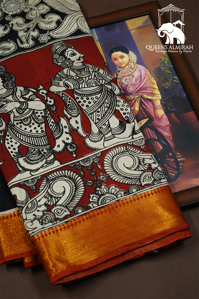 ROSE WOOD WITH RED AND GOLDEN BORDER  MANGALGIRI SAREE - Queens Jewel Emporium