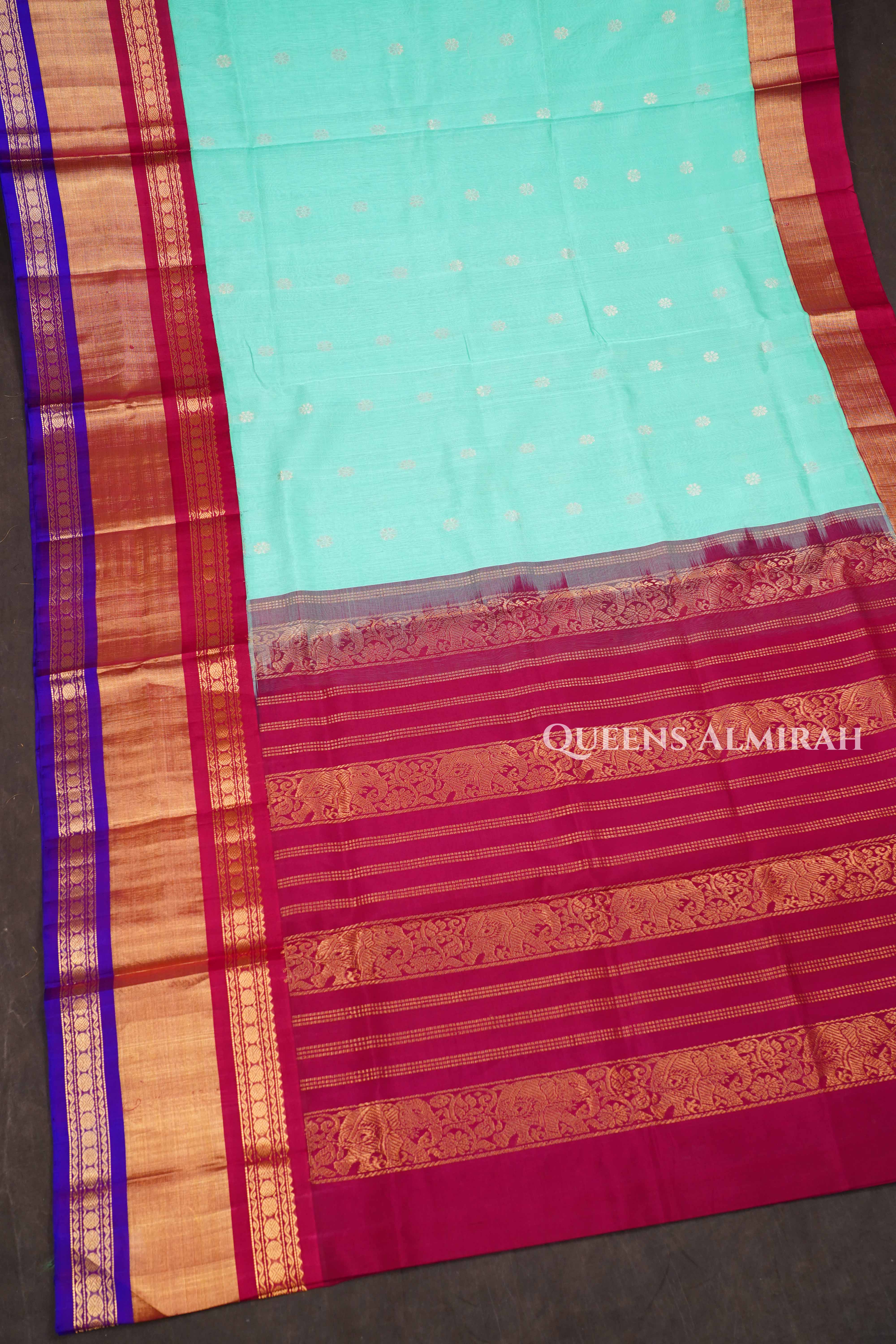 Sea Blue With Maroon Pure Kanchi Silk Cotton Saree