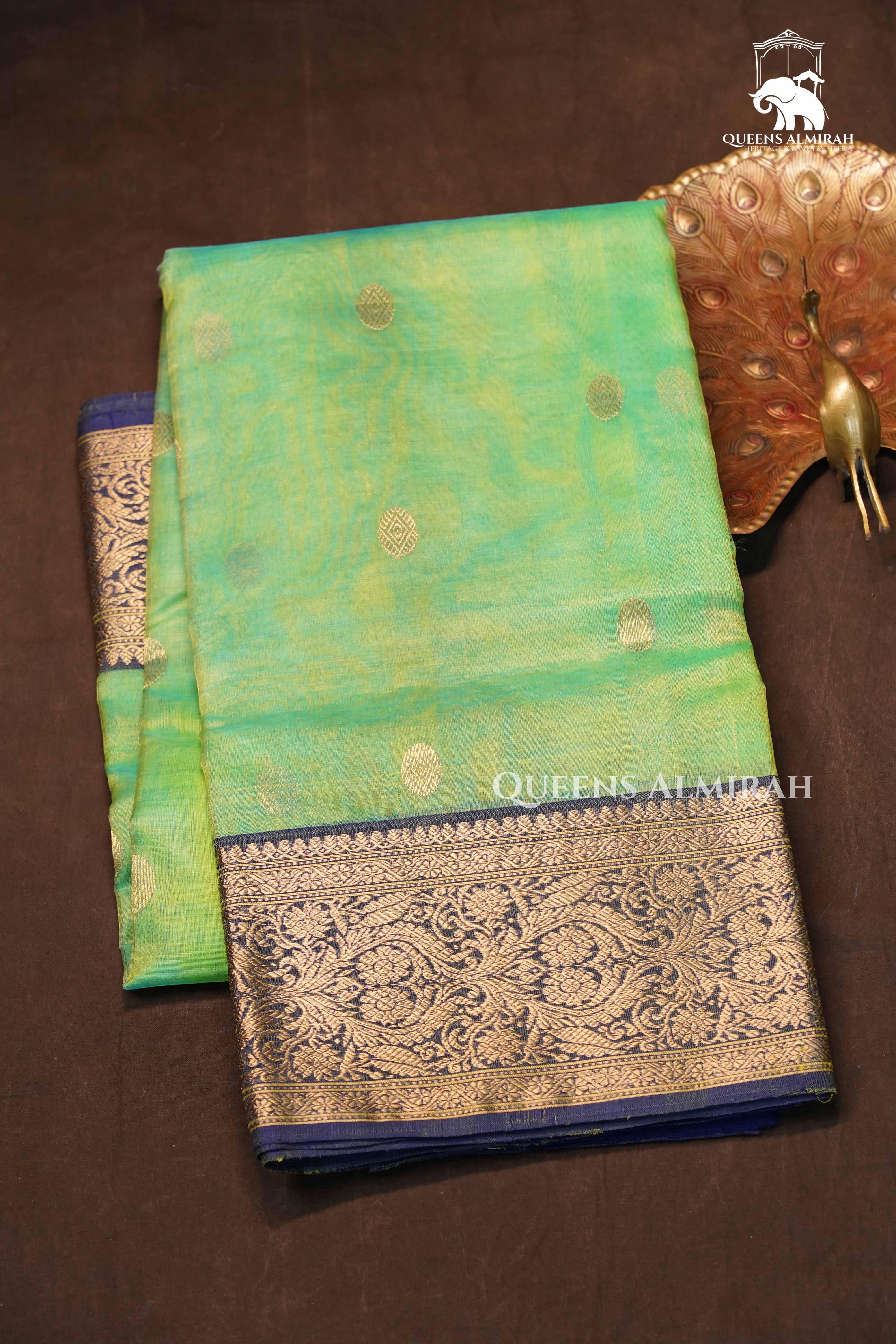 Lime Green With Teal Blue Chanderi Katan Silk Handloom Saree