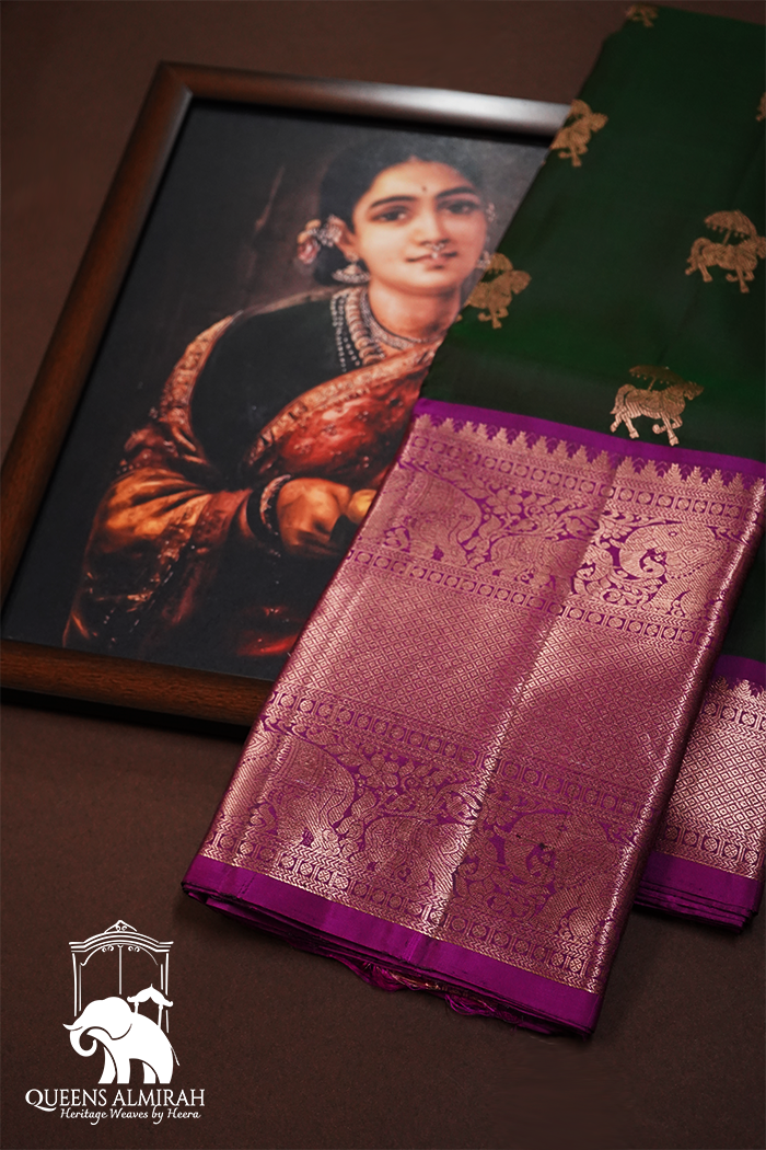 MINERAL GREEN WITH WARM PURPLE PURE  KANCHIVARAM SILK SAREE - Queens Jewel Emporium