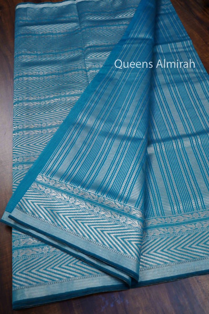 WATER BLUE BANARASI SILK COTTON SAREE - Queens Jewel Emporium