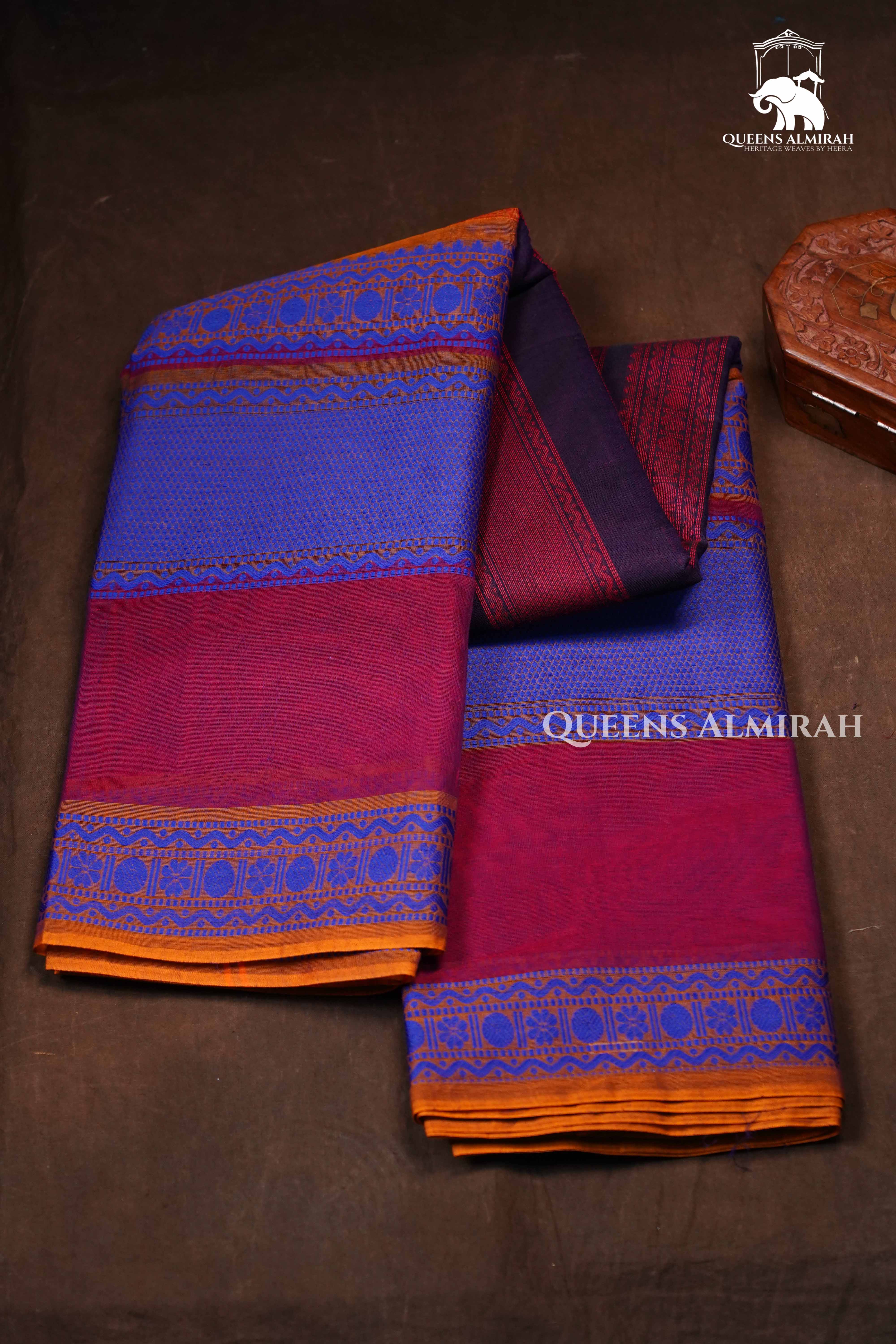 Wine With Ink Blue Chettinad Cotton Saree