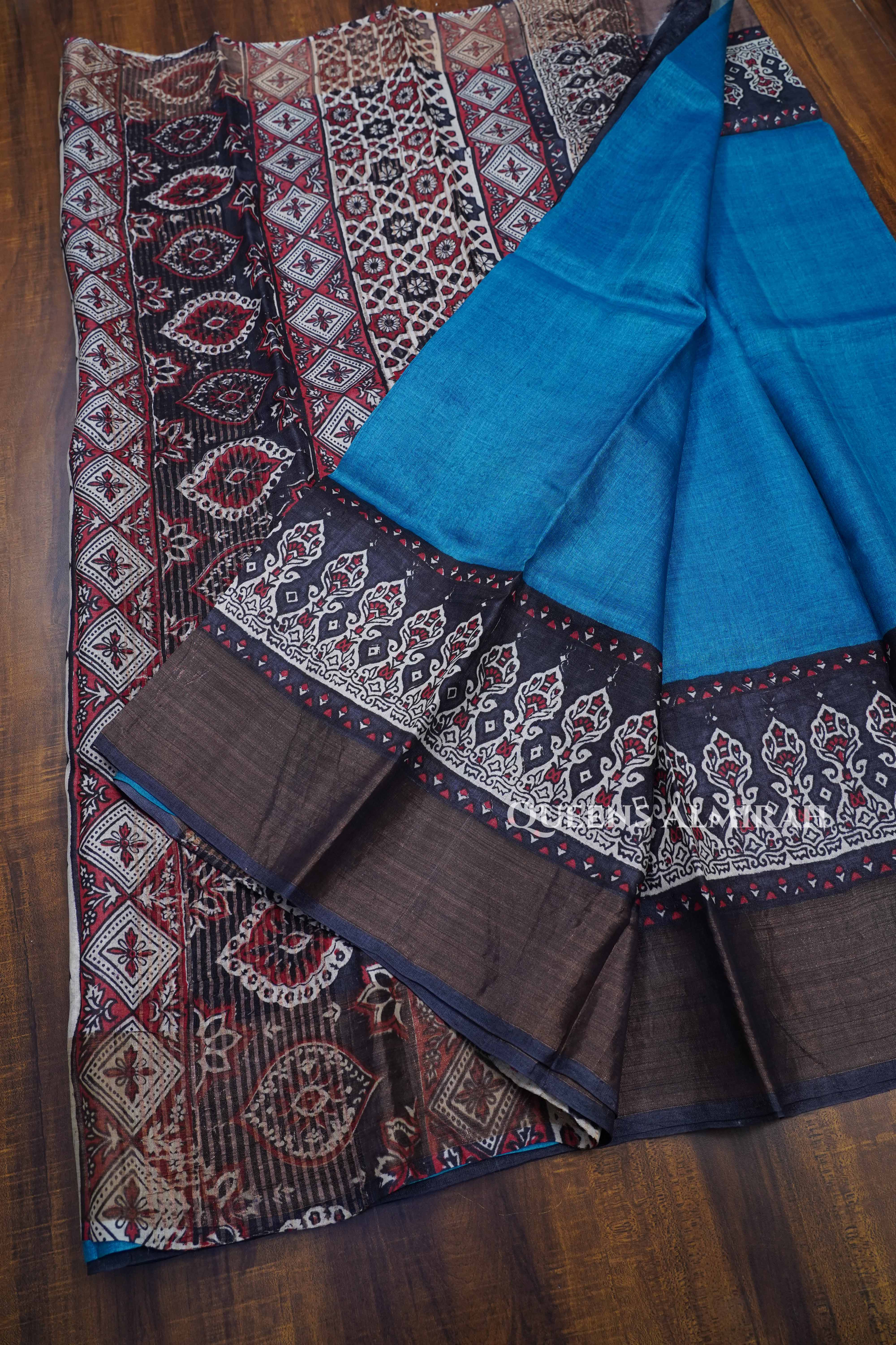 Teal Blue Pure Tussar Silk Saree
