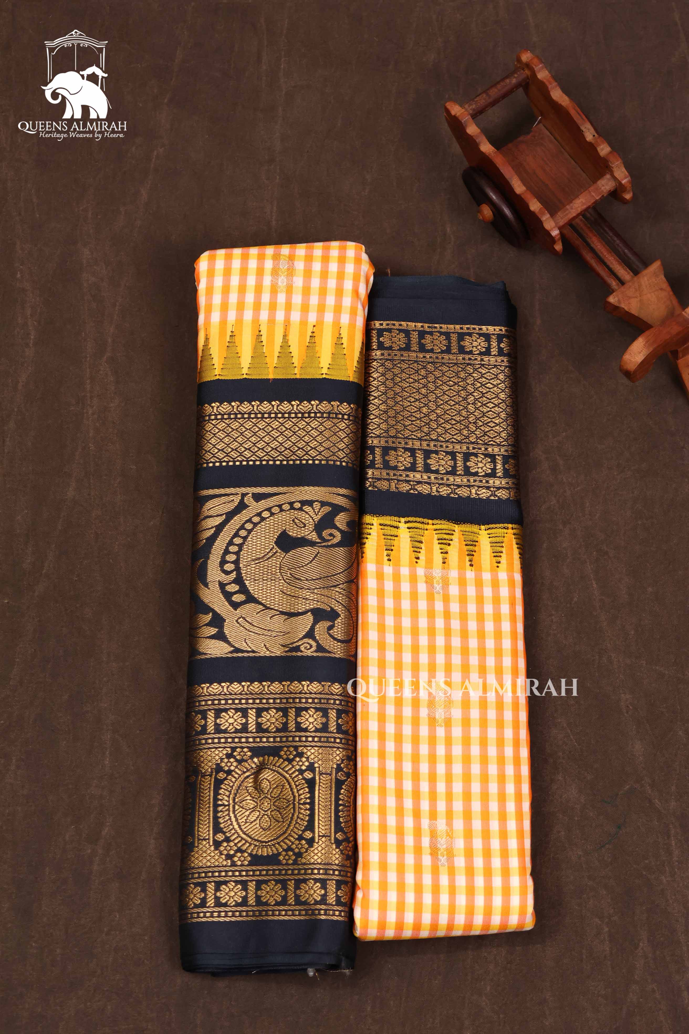 Yellow Kattam With Navy Blue Semi Gadwal Silk Saree