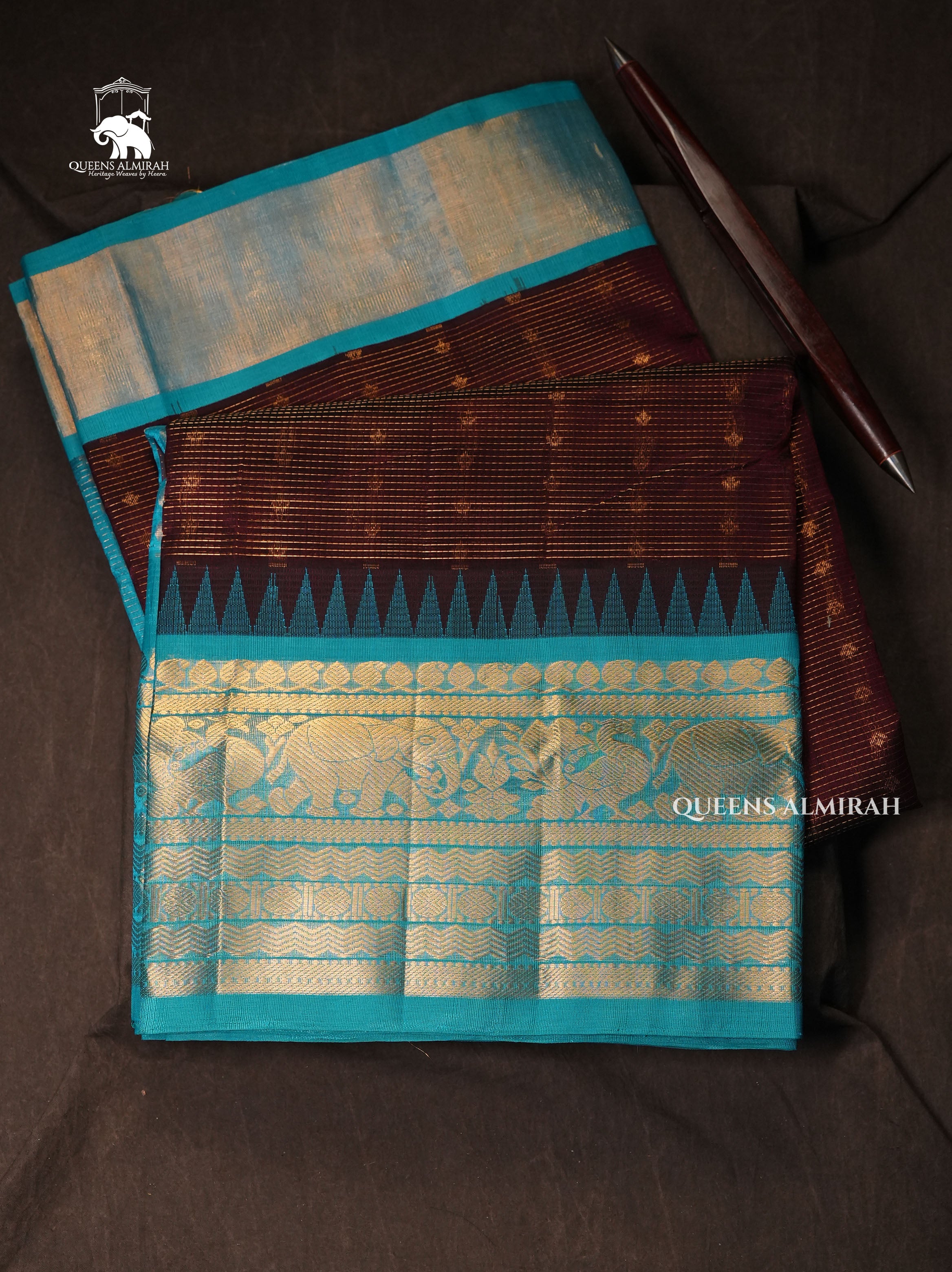 Dark Brown With Blue Pure Silk Cotton Saree