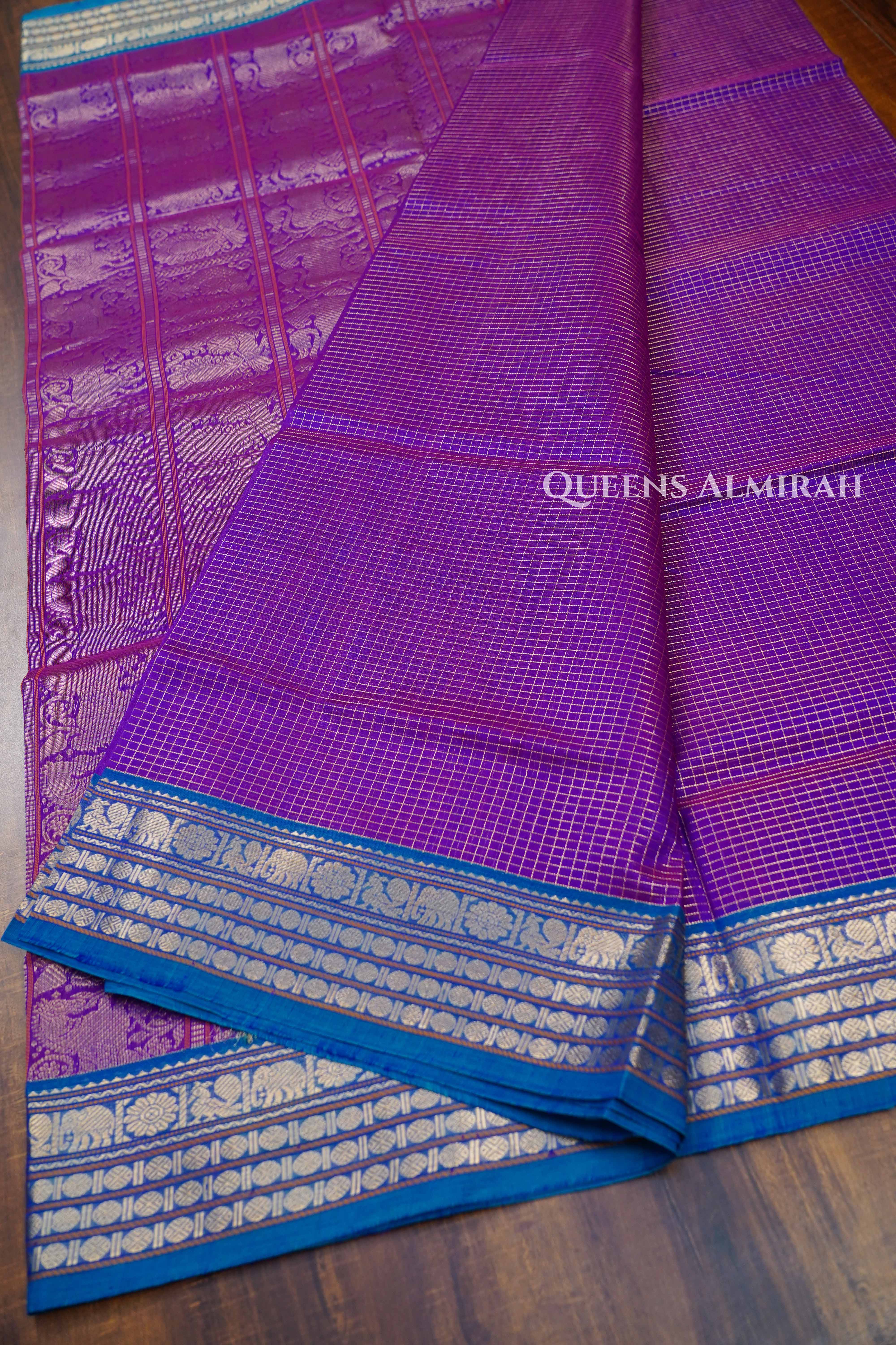 Warm Purple With Teal Blue-Karaikudi Chettinad Silk Cotton Saree