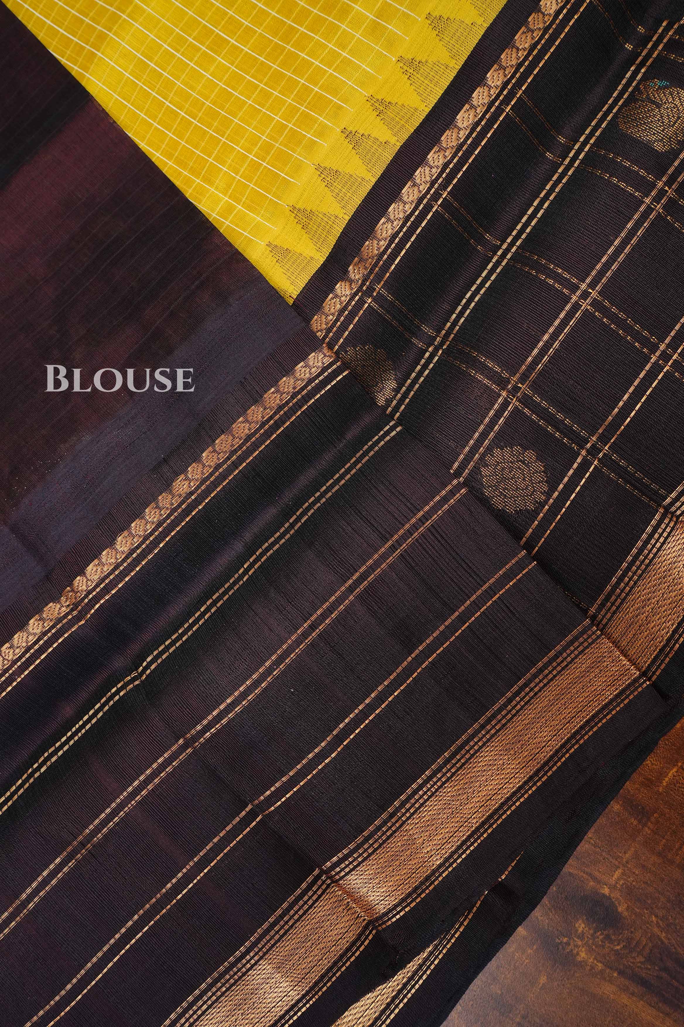 Yellow With Dark Brown  Pure Kanchi Silk Cotton Saree
