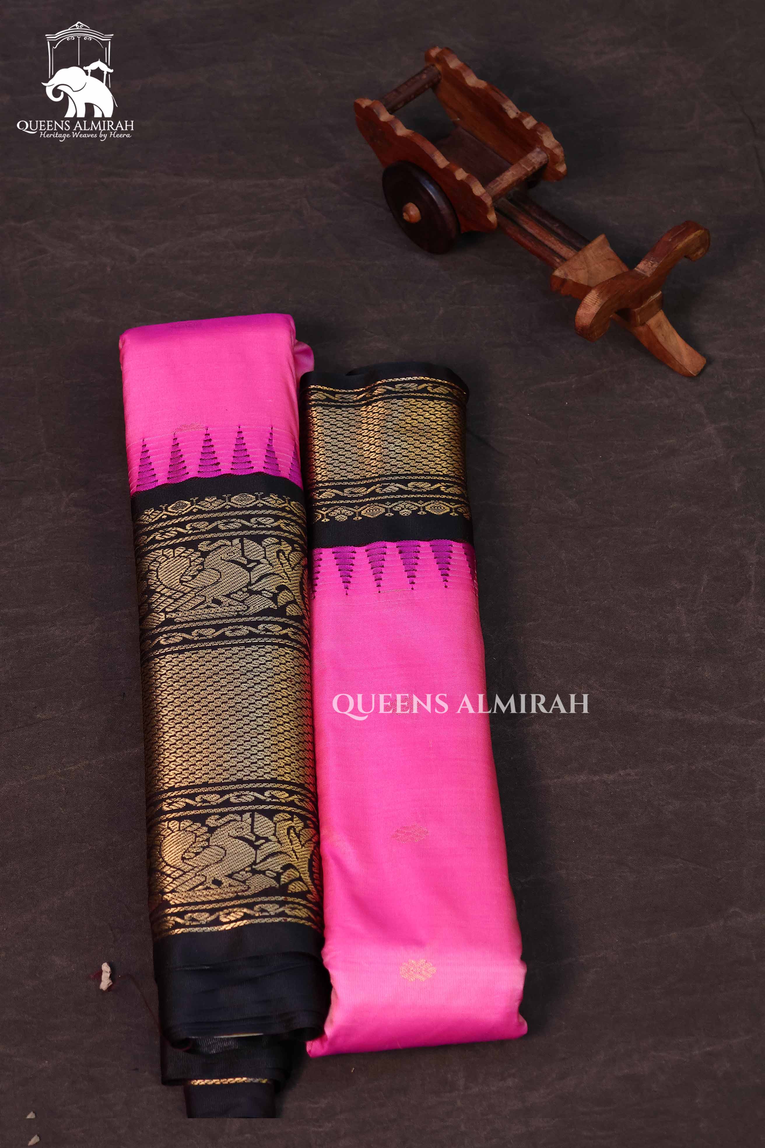 Pink With Brown Long And Short Border Semi Gadwal Silk Saree