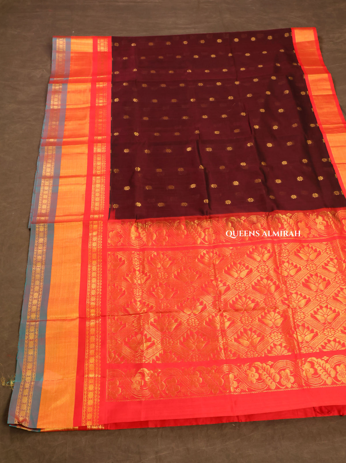 Dark Brown With Red And Blue Pure Silk Cotton Saree