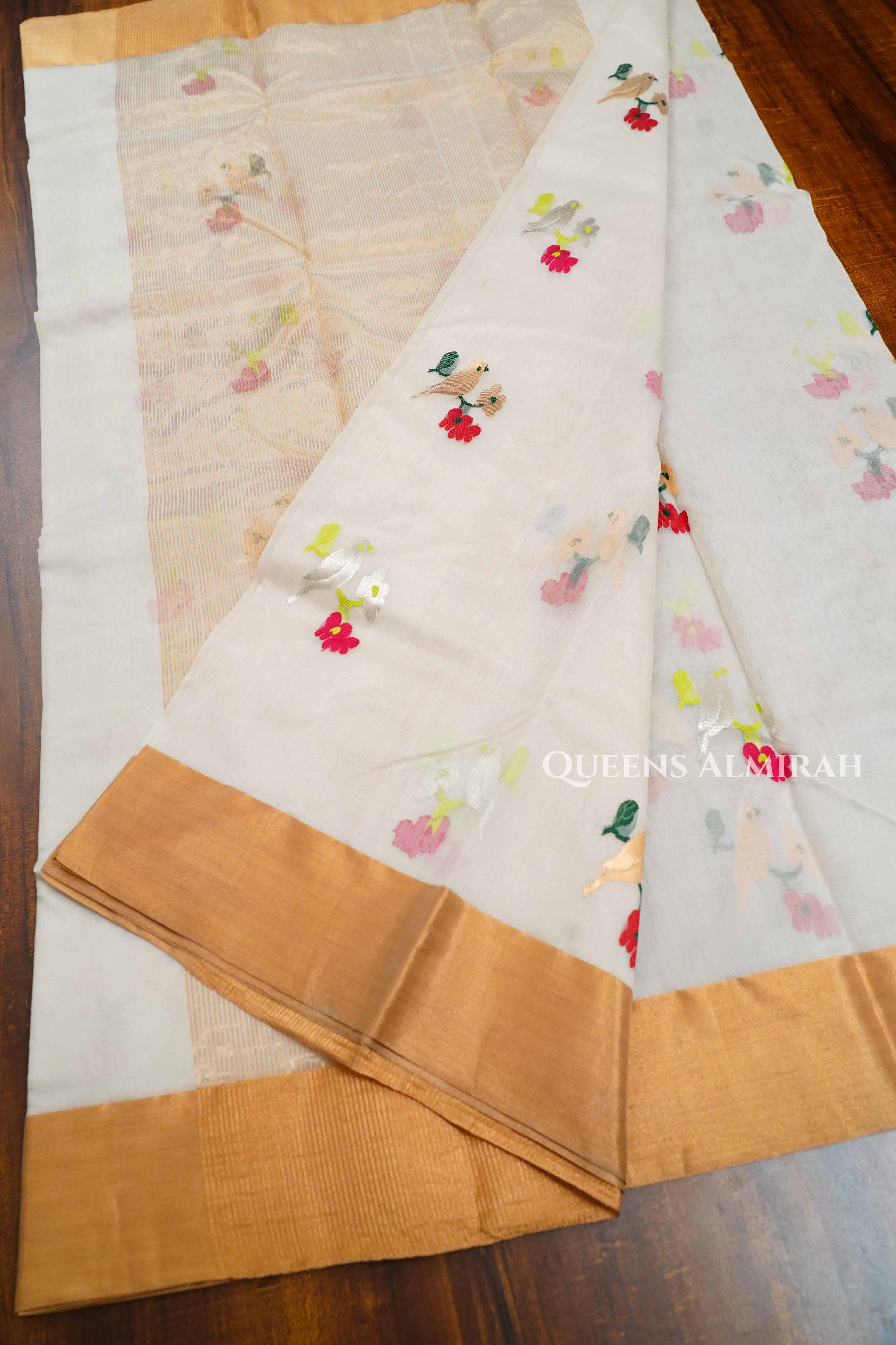 White Chanderi Katan Handloom Silk Saree