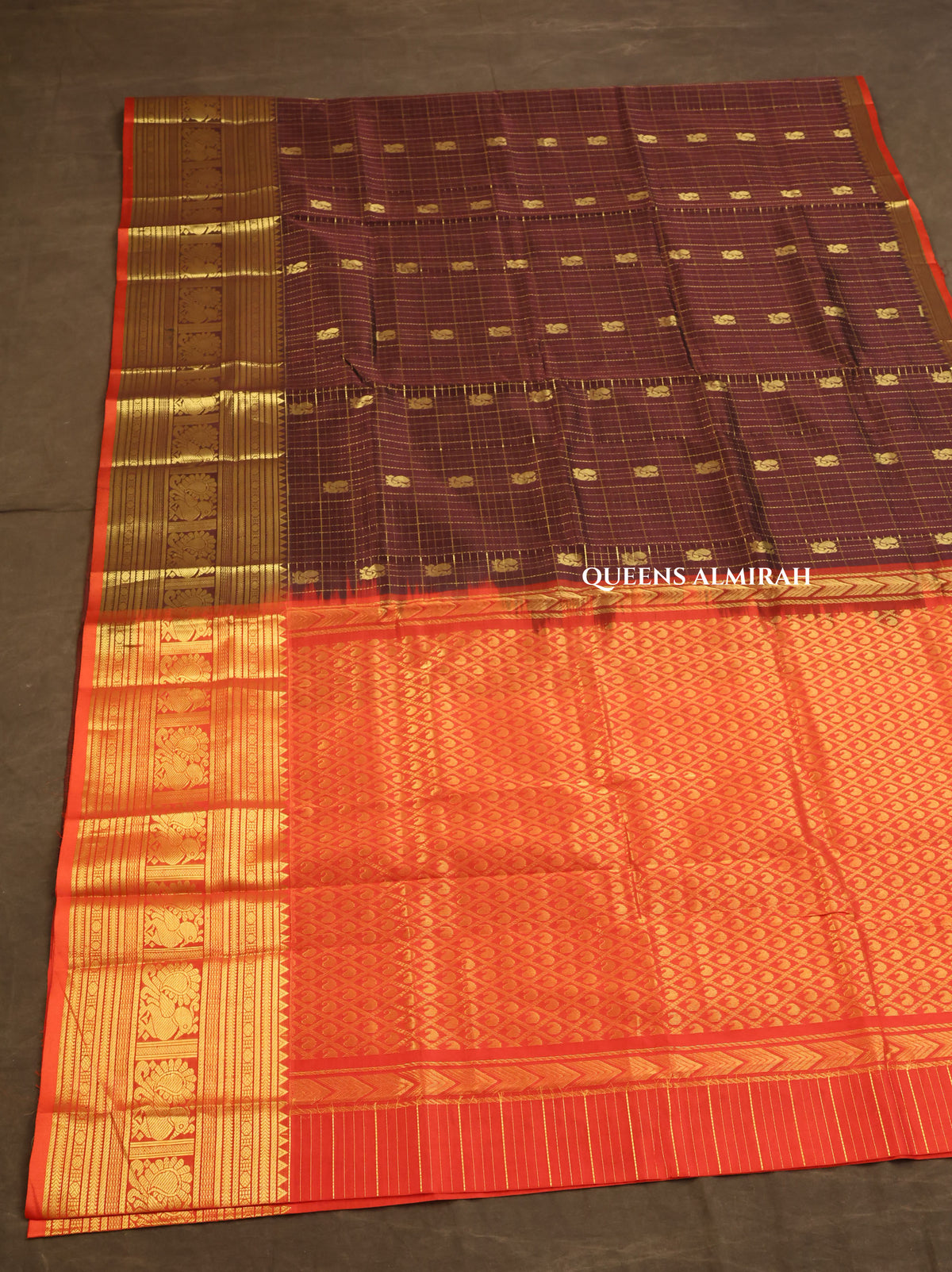 Brown With Red Pure Silk Cotton Saree