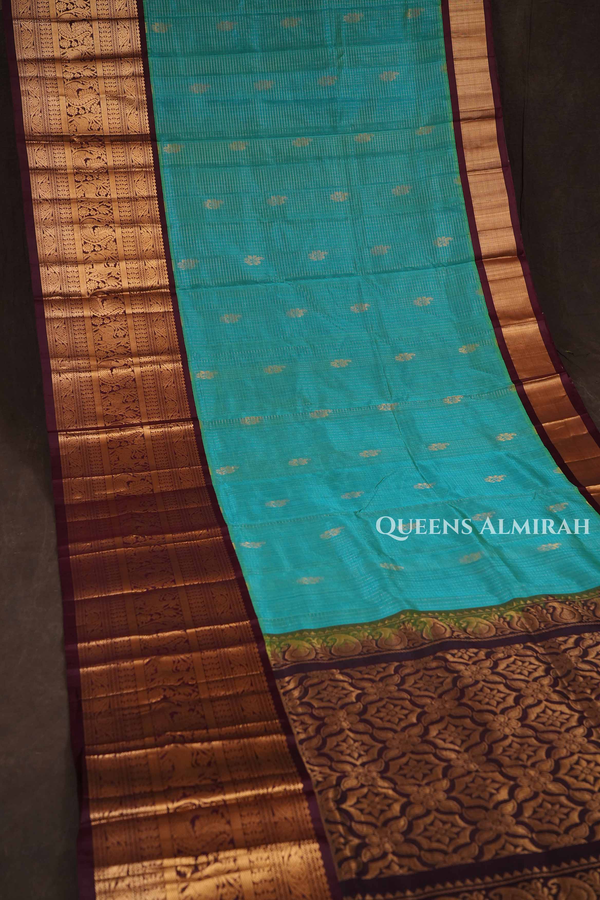 Sea Green With Coffee Powder Brown Pure Silk Cotton Saree