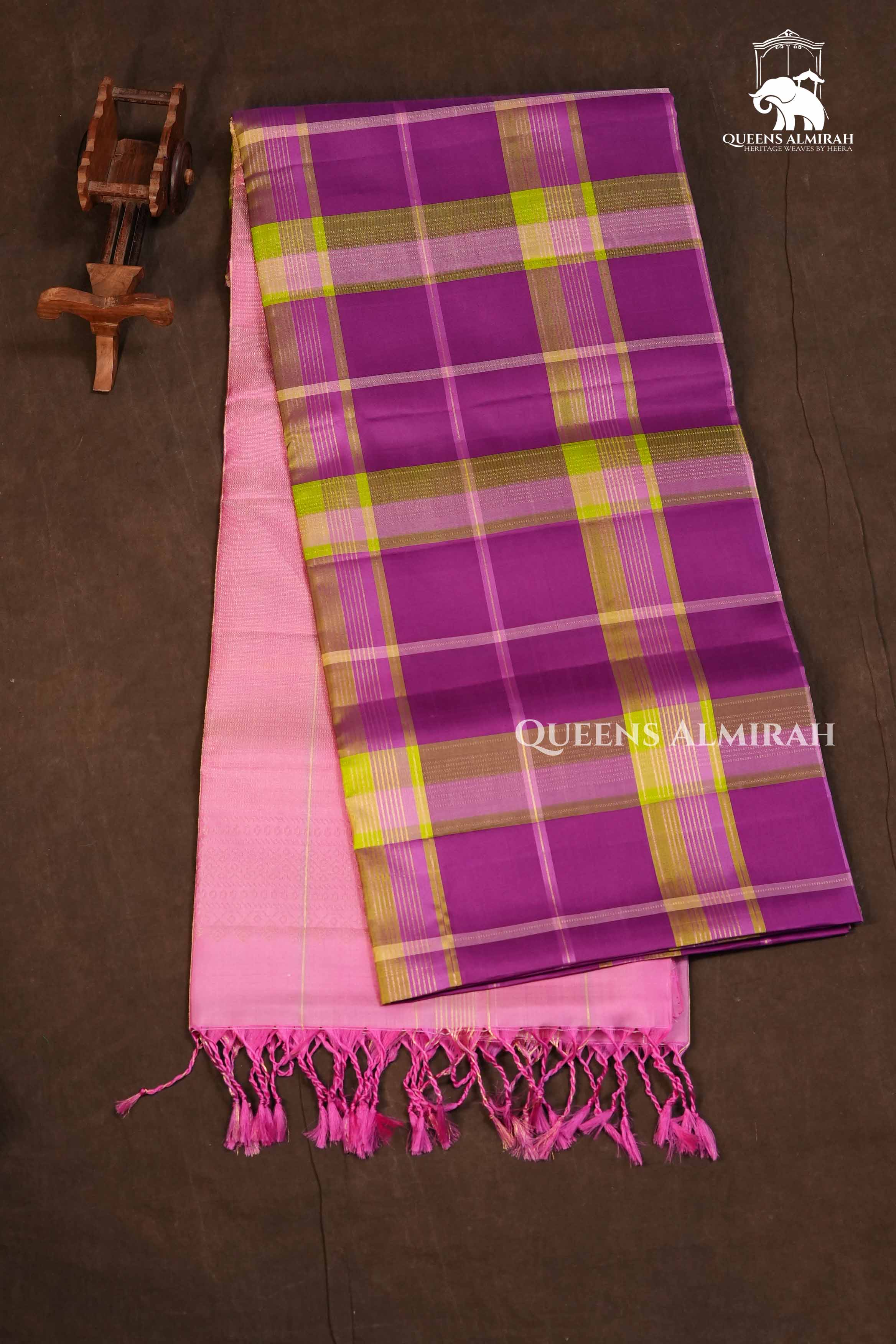 Purple With Green Burberry Checks Pure Soft Silk Saree