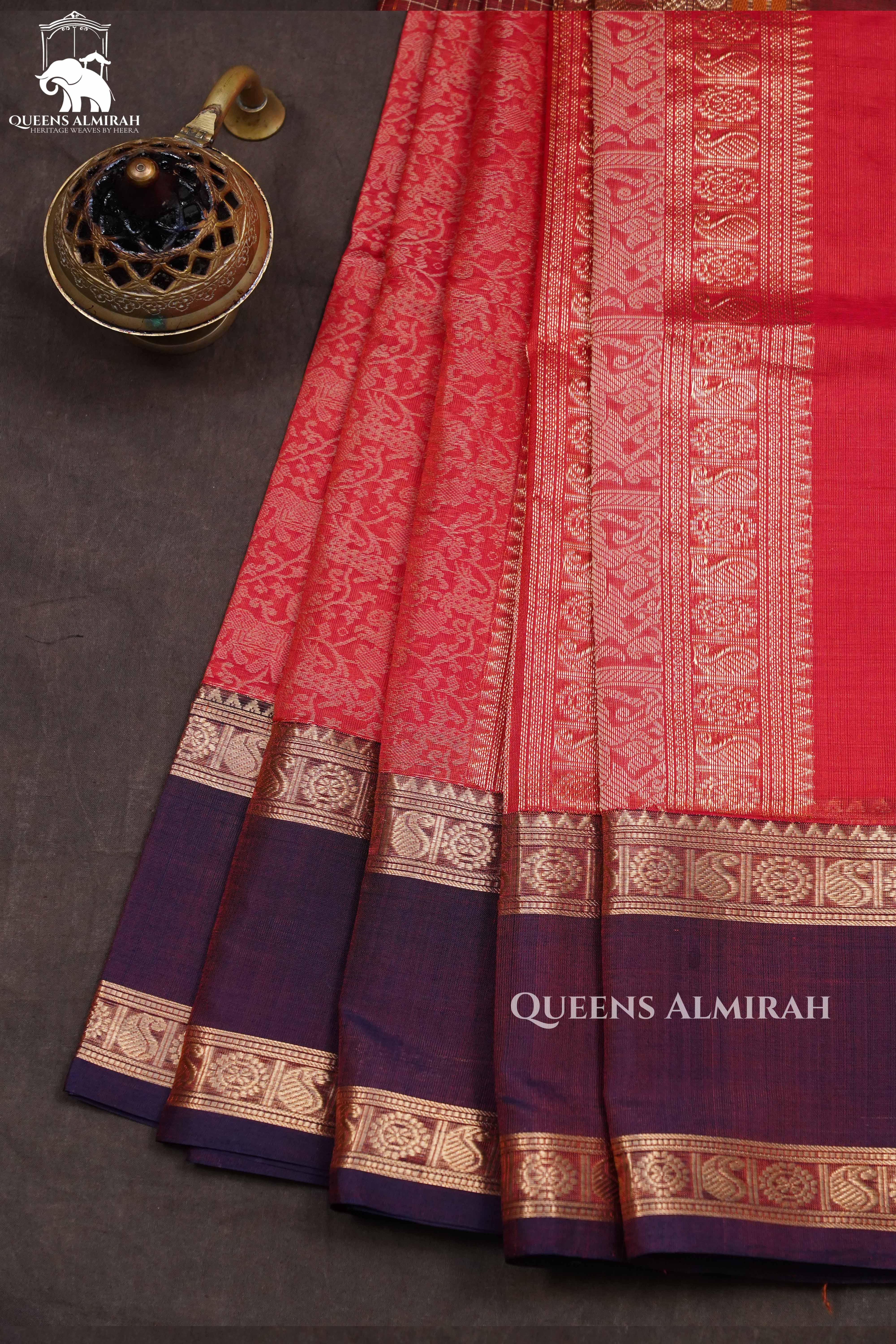 Coral Red With Cocoa Bean Vanasingaram Chettinad Silk Cotton Saree