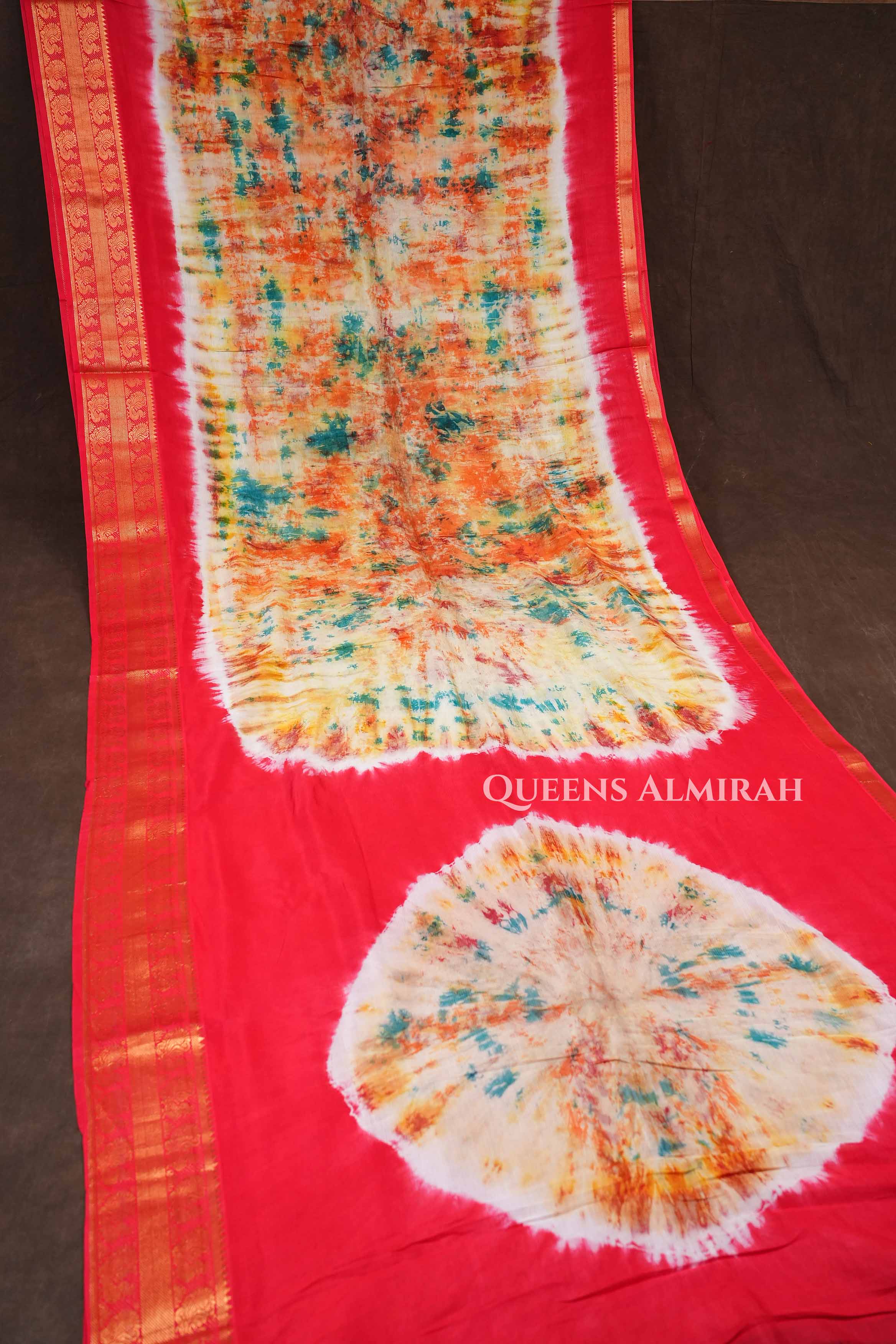 Multicolor With Red Zari Border Shibori Mangalgiri Saree