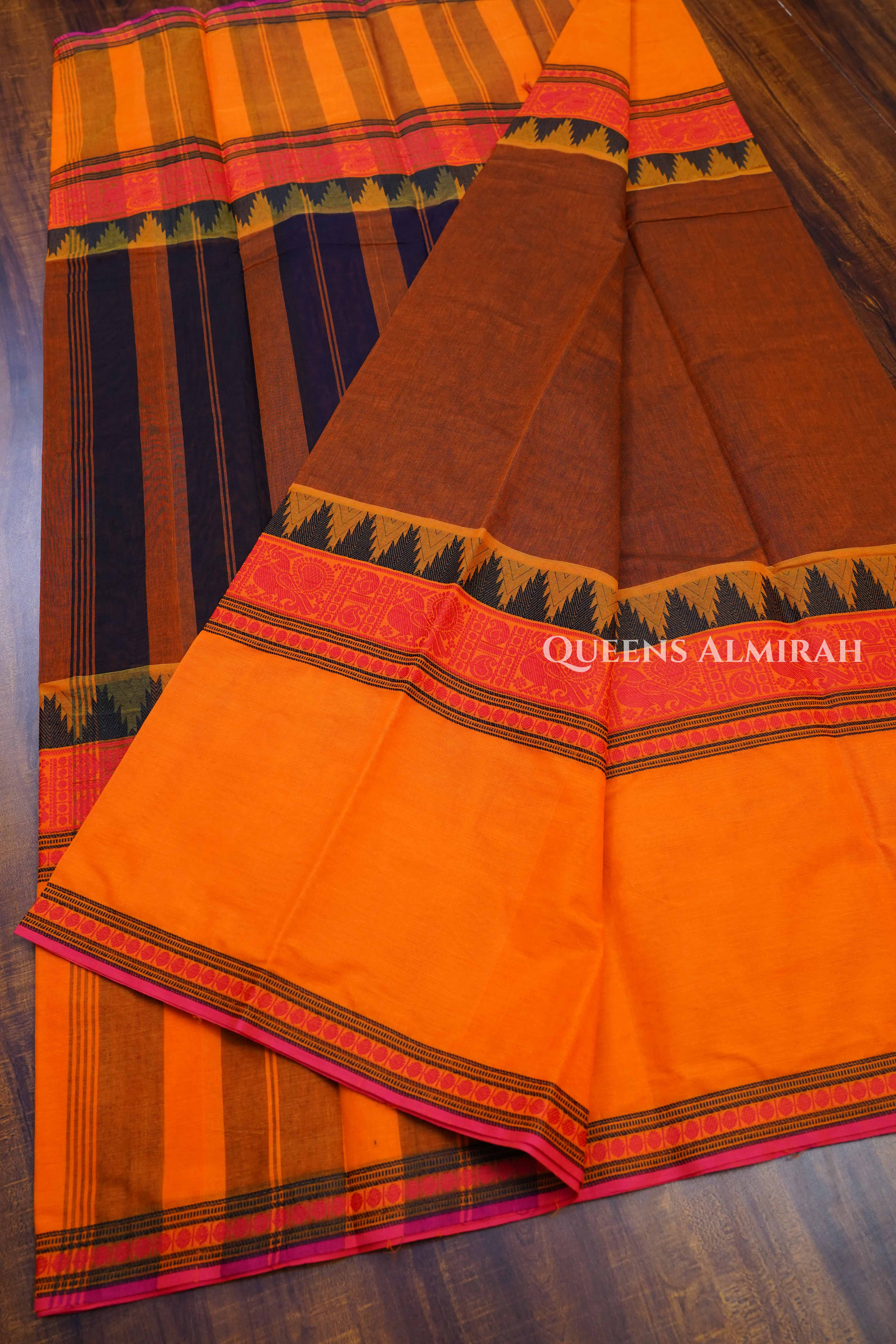Honey Brown With Mango Yellow 1 Chettinad Cotton Saree