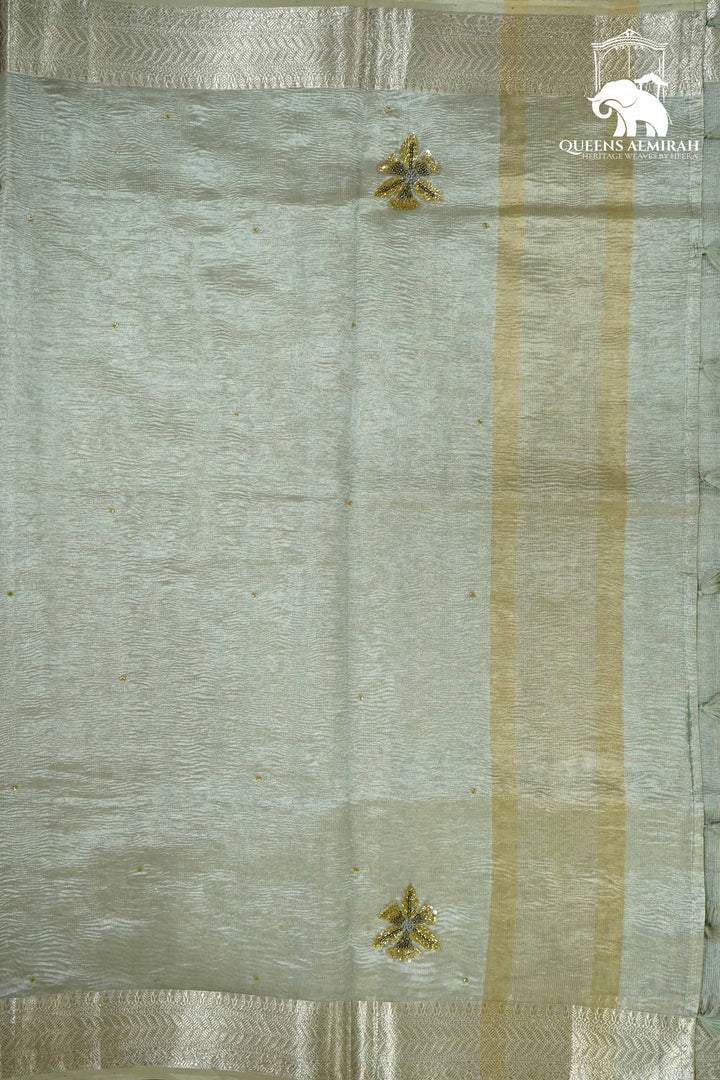 LIGHT SILVER WITH WOVEN BORDER TISSUE SAREE - Queens Jewel Emporium