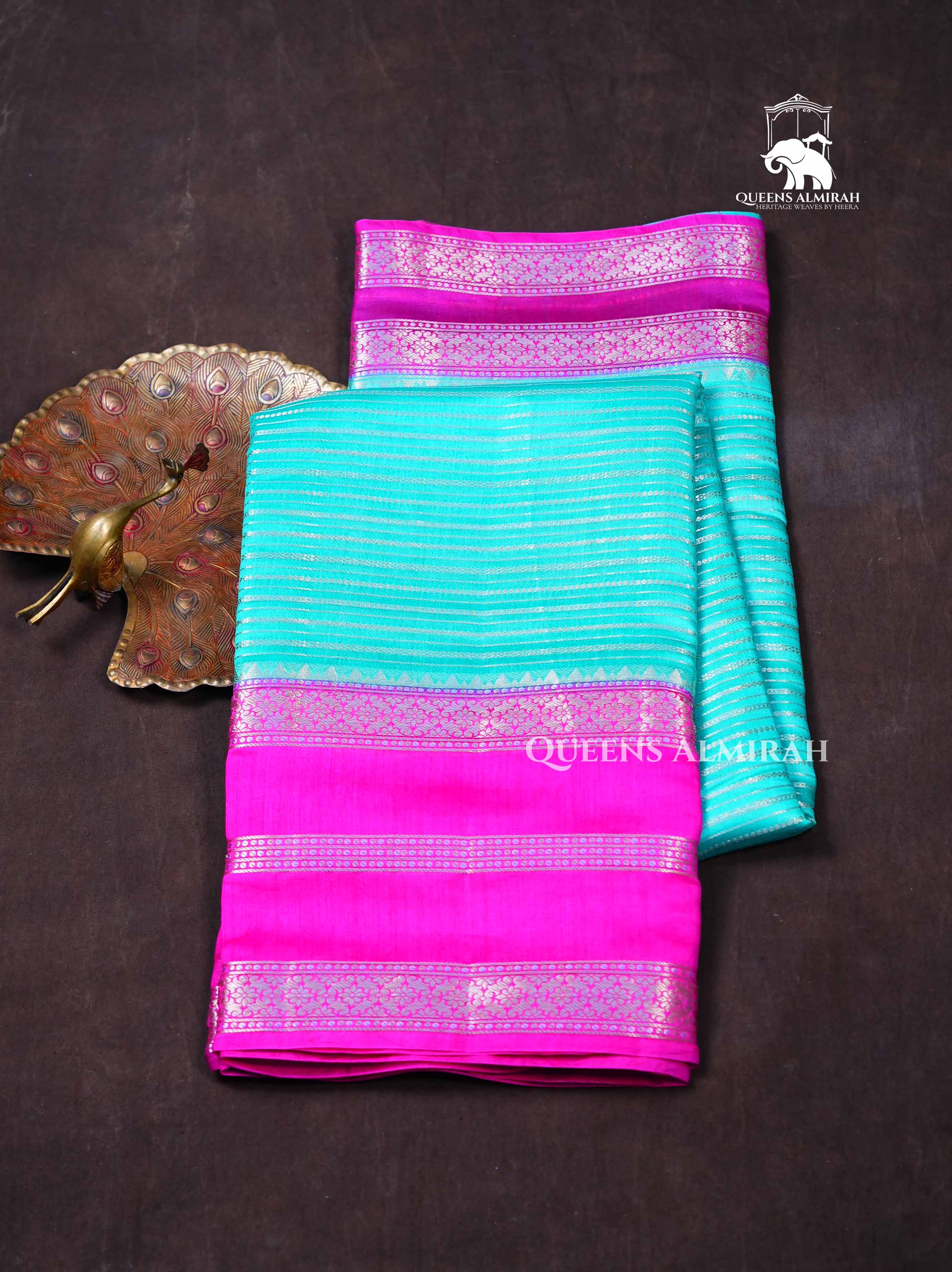 Ice Blue With Pink Chiniya Silk Saree