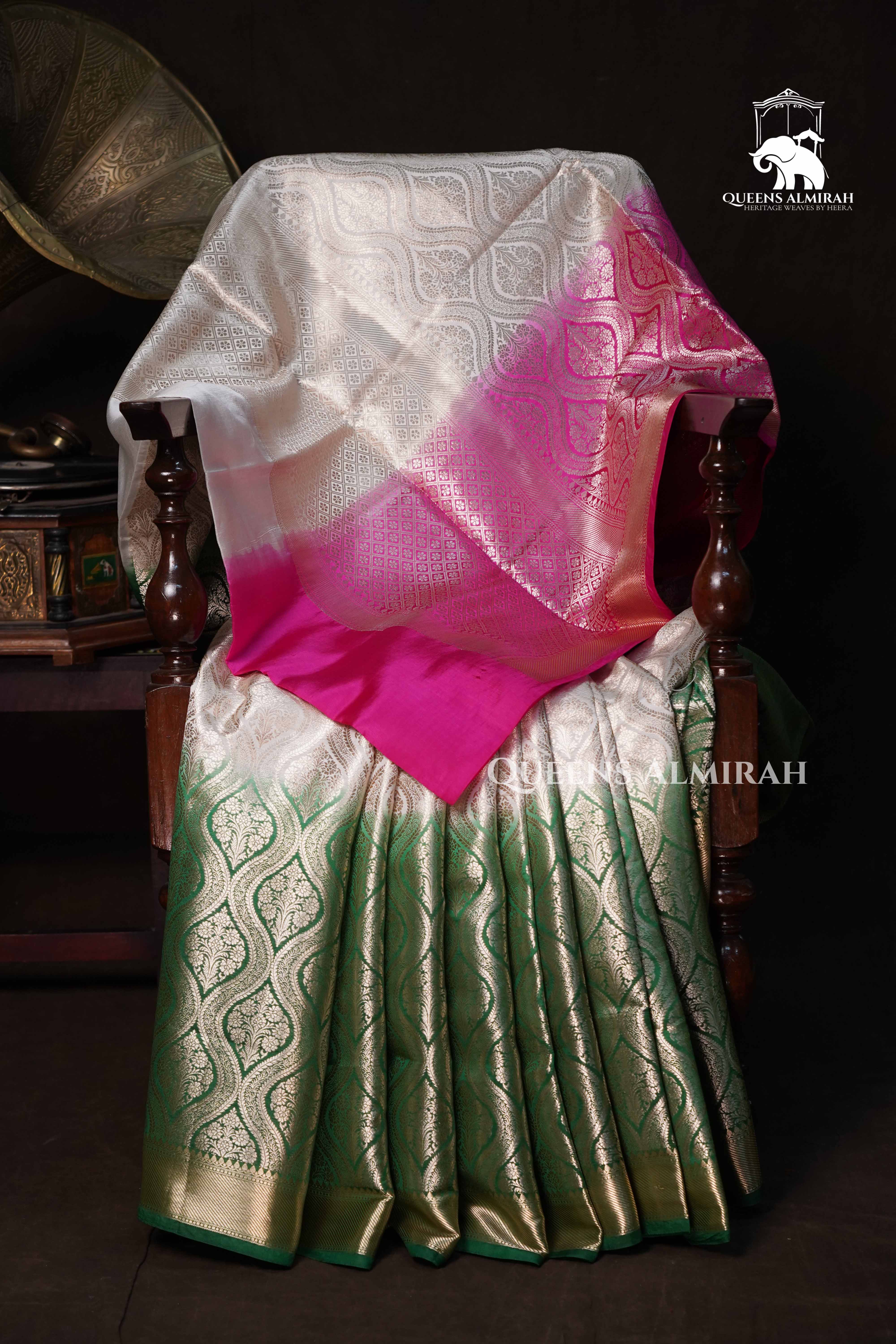 Ivory With Hot Pink And Emerald green Banarasi Silk Saree