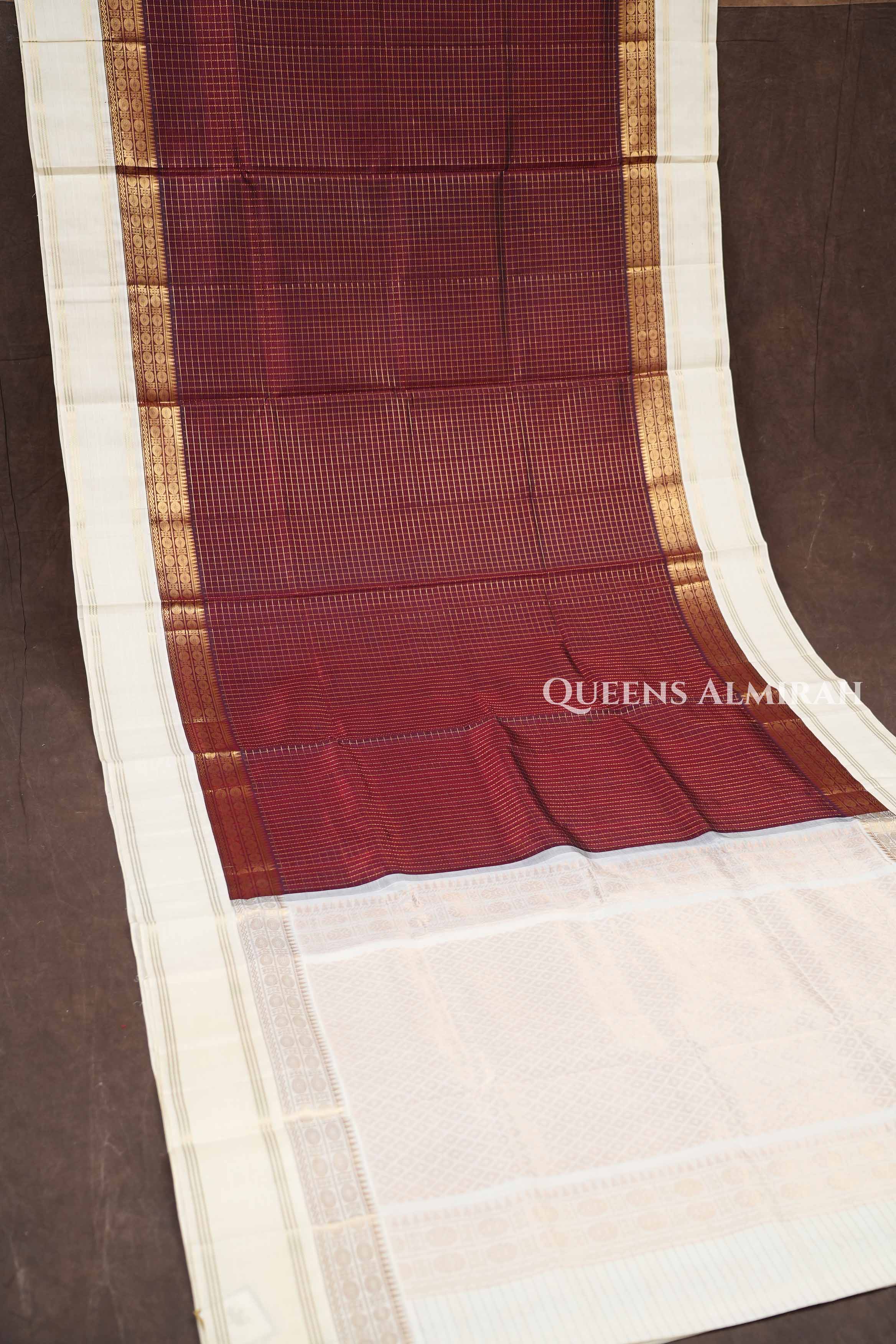 Maroon Small Kattam With Off White Pure Silk Cotton Saree