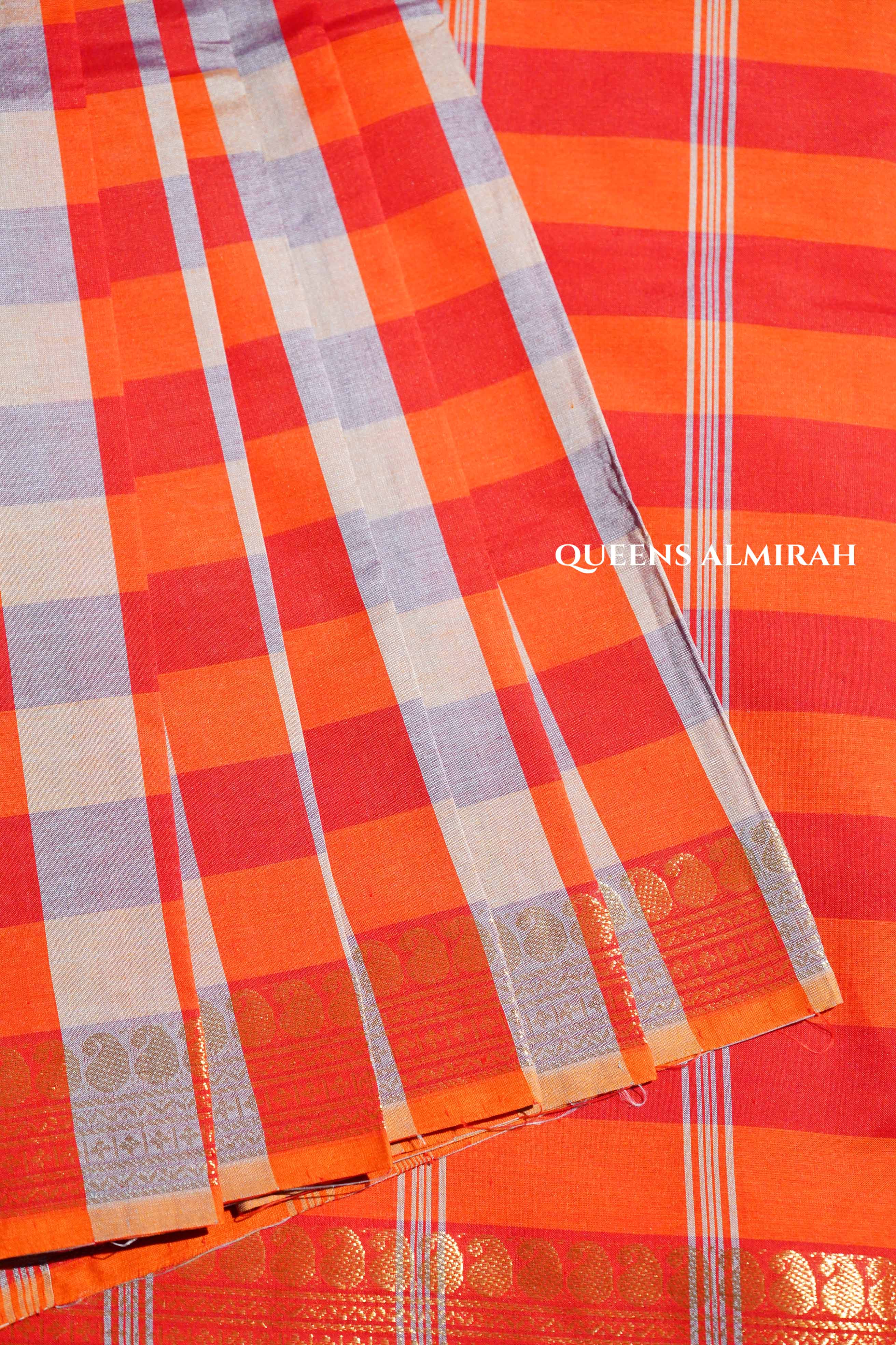 Grey With Orange Checks Semi Silk Cotton Saree