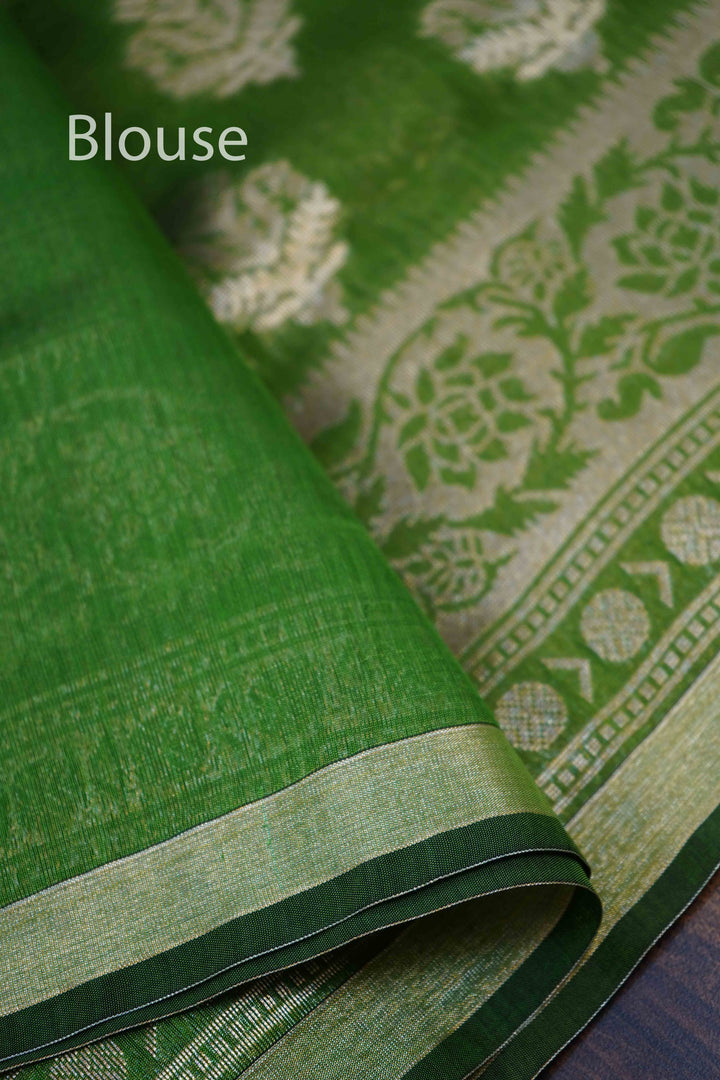 GREEN GREY BANARASI SILK COTTON SAREE - Queens Jewel Emporium