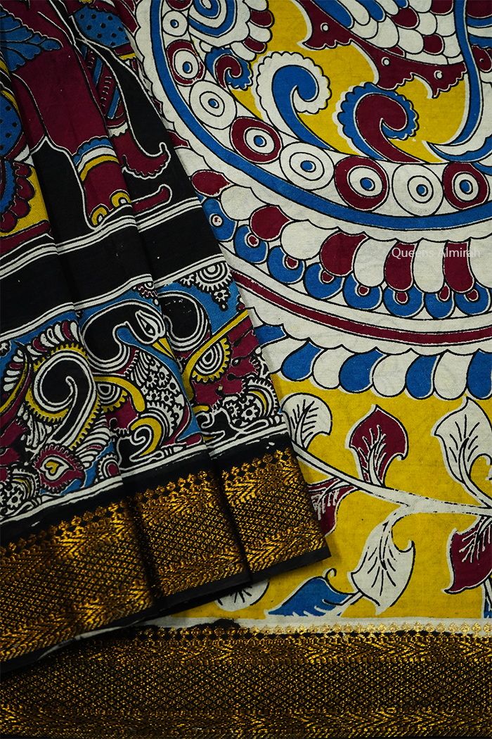 BLACK WITH  GOLDEN BORDER MANGALGIRI SAREE - Queens Jewel Emporium