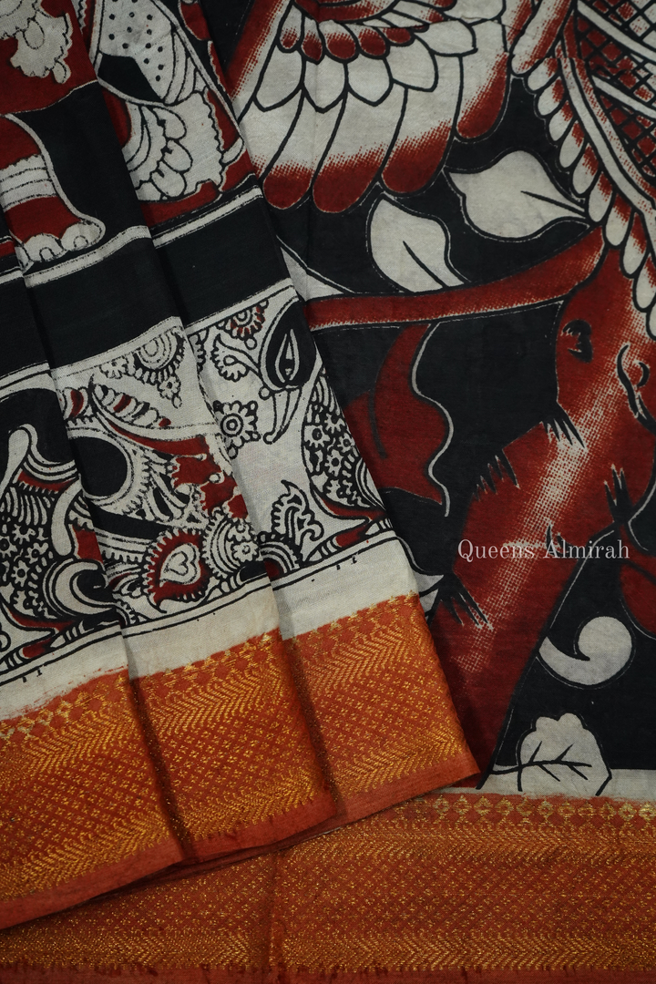 BLACK WITH DEEP RED MANGALGIRI SAREE - Queens Jewel Emporium