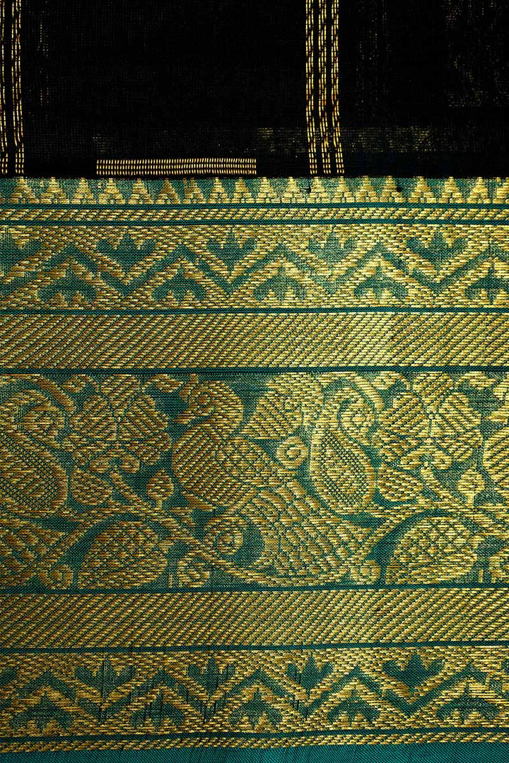 PURE KANCHI SILK COTTON - RICH BLACK WITH TEAL BLUE - Queens Jewel Emporium