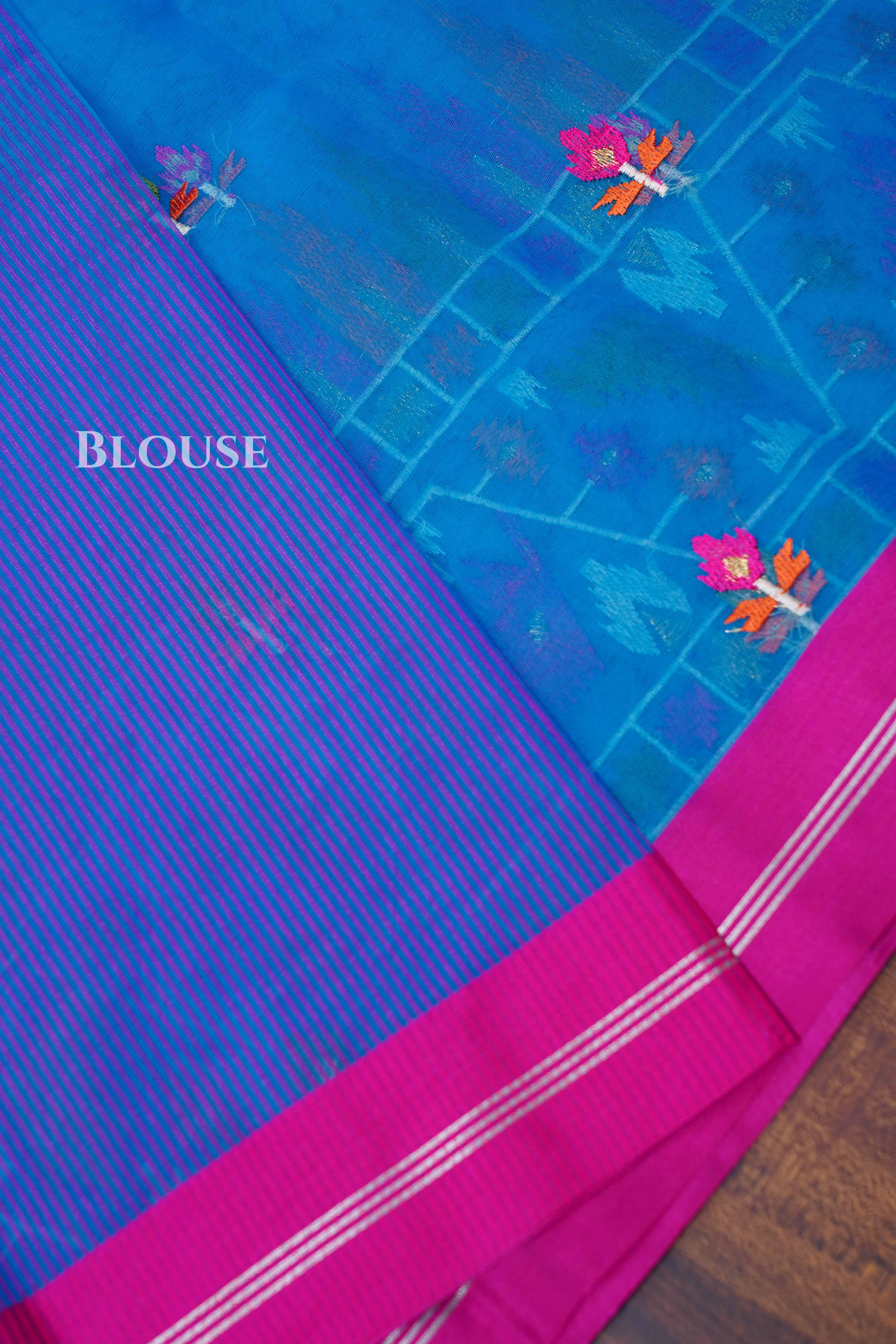 Blue With Pink Muslin Organza Saree