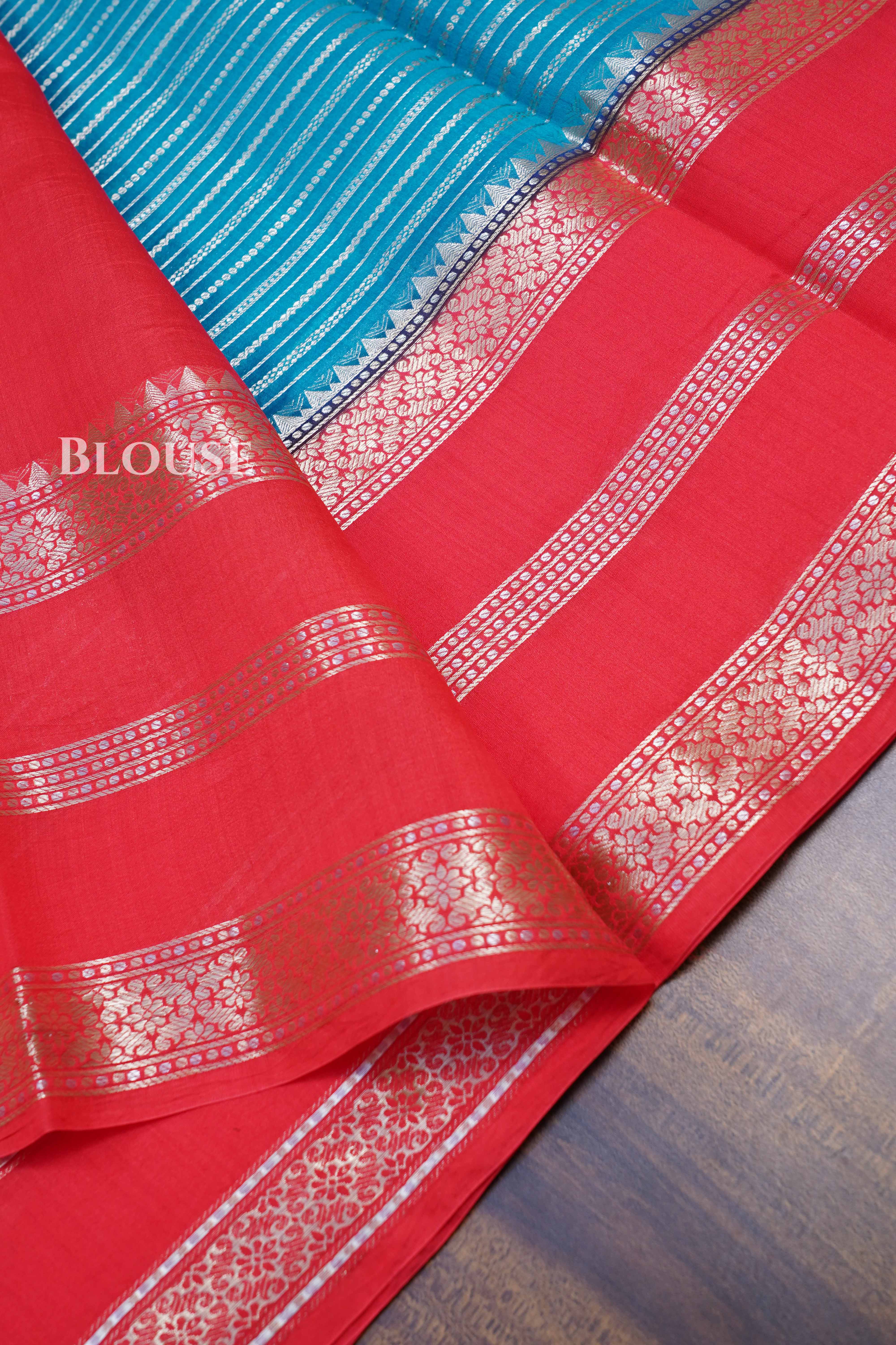 Sky Blue With Orange Chiniya Silk Saree