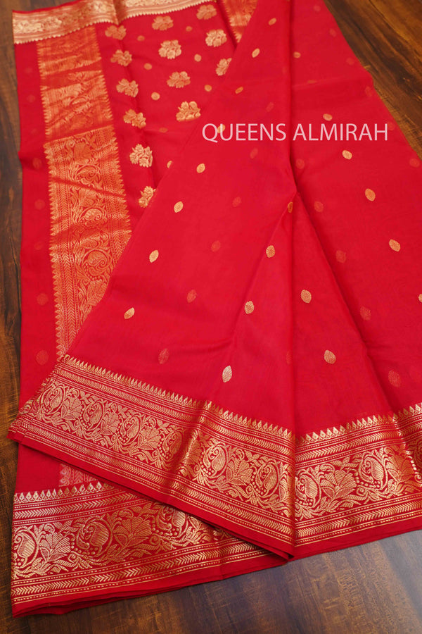 RED PINK- TRADITIONAL CHANDERI KATAN SILK HANDLOOM SAREE - Queens Jewel Emporium