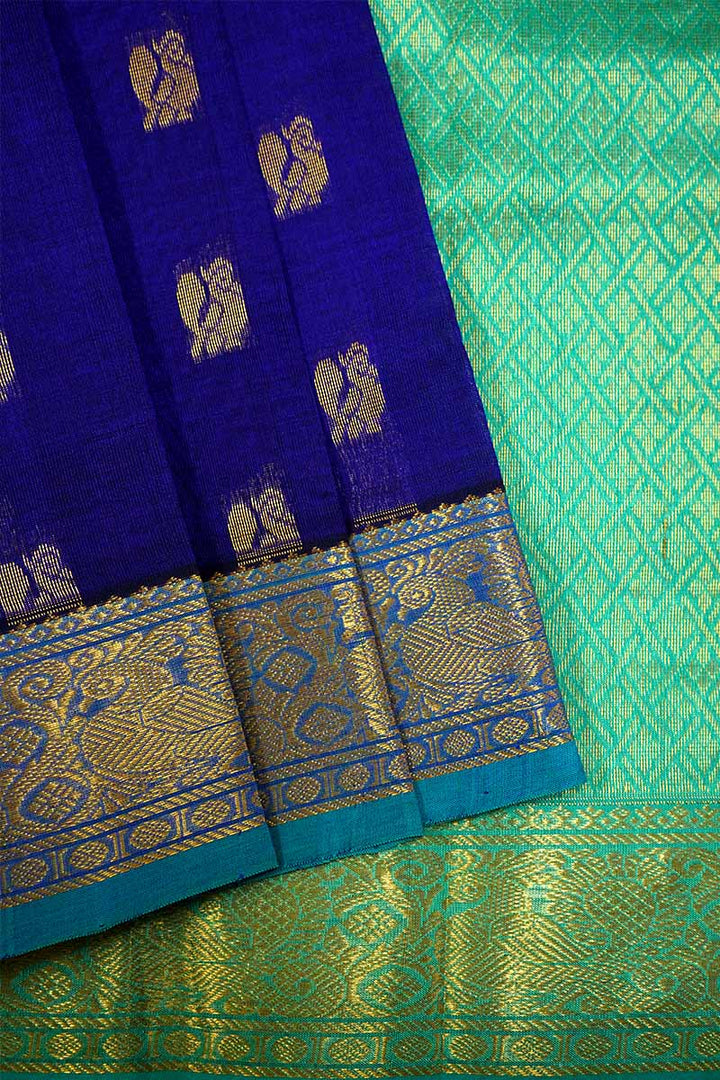 MS BLUE AND SEA GREEN KANCHI SILK COTTON SAREE - Queens Jewel Emporium