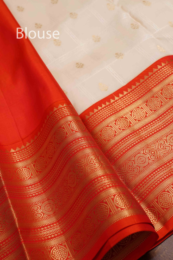 OFF WHITE WITH RED PURE KANCHIVARAM SILK SAREE - Queens Jewel Emporium