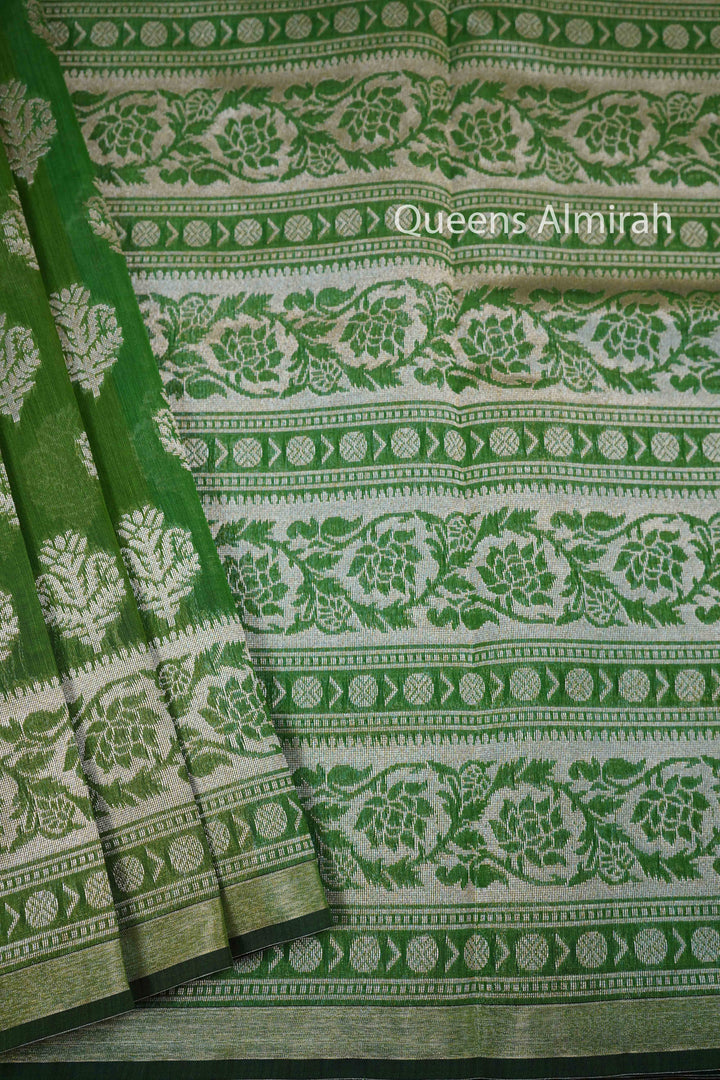 GREEN GREY BANARASI SILK COTTON SAREE - Queens Jewel Emporium