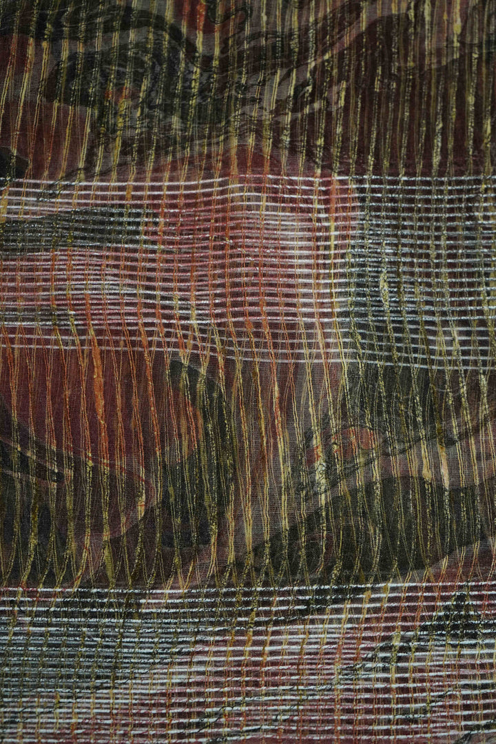 RADDISH GREY WITH RIFFLE GREEN MARBLE PRINT GHICHA ORAGANZA SAREE - Queens Jewel Emporium
