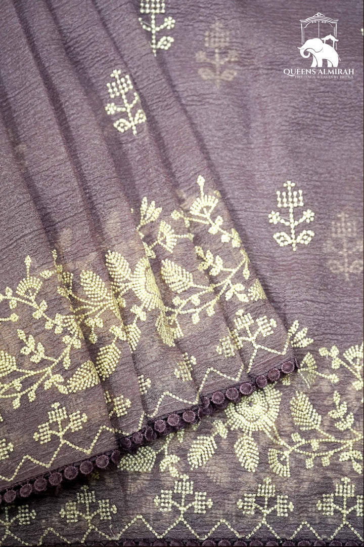 THISTLE PURPLE WITH WHITE EMBROIDERY BORDER TISSUE SAREE - Queens Jewel Emporium