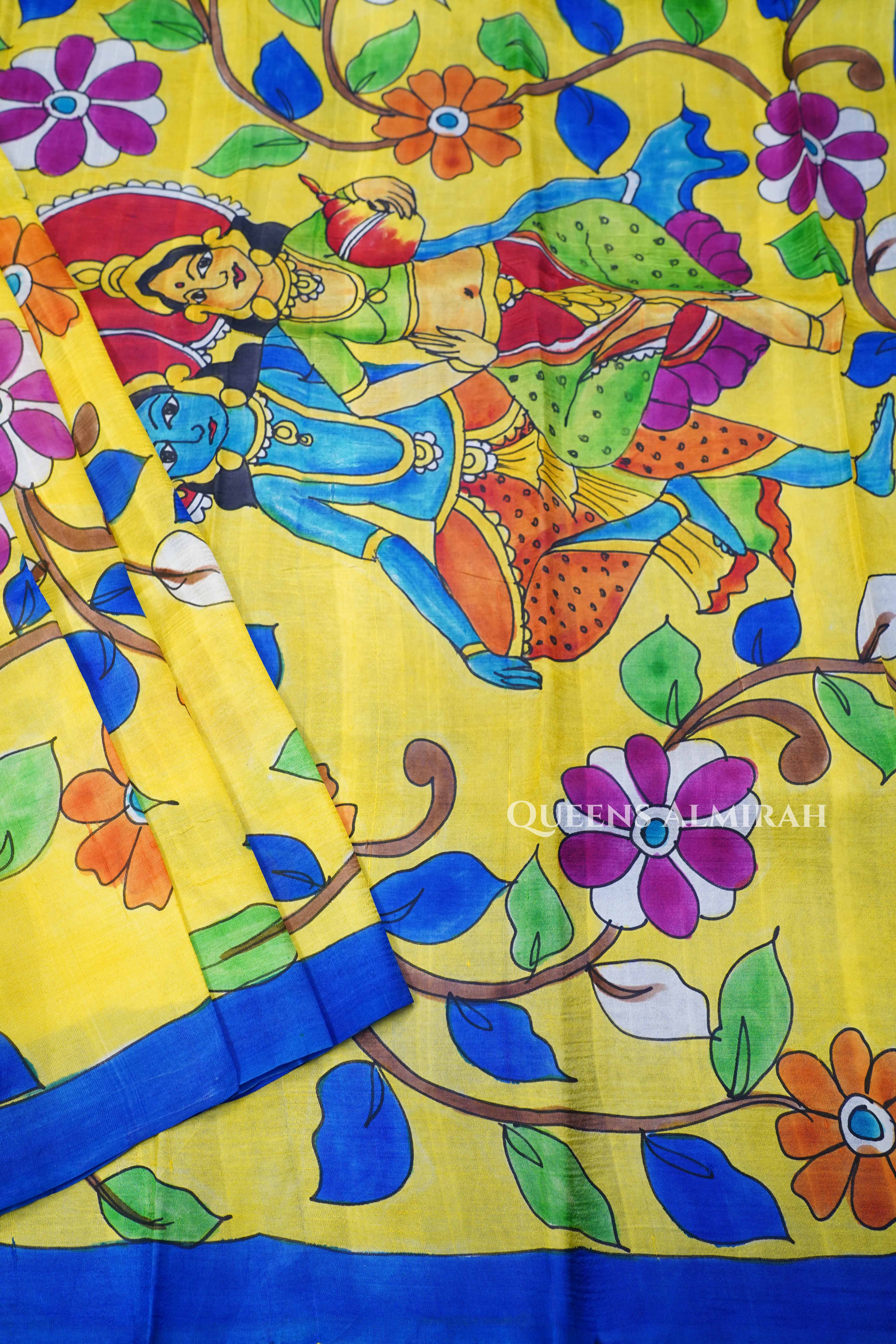 Bright Yellow Hainpainted Pure Tussar Silk Saree