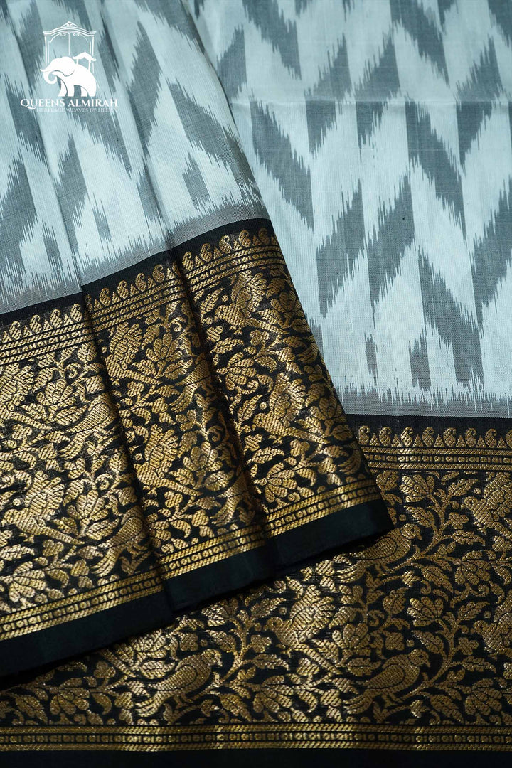 MISTY WHITE WITH BLACK SOFT SILK SAREE - Queens Jewel Emporium
