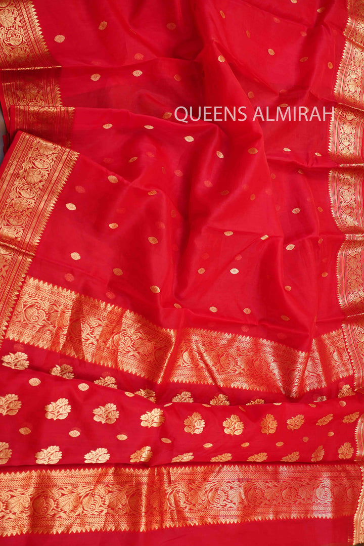 RED PINK- TRADITIONAL CHANDERI KATAN SILK HANDLOOM SAREE - Queens Jewel Emporium