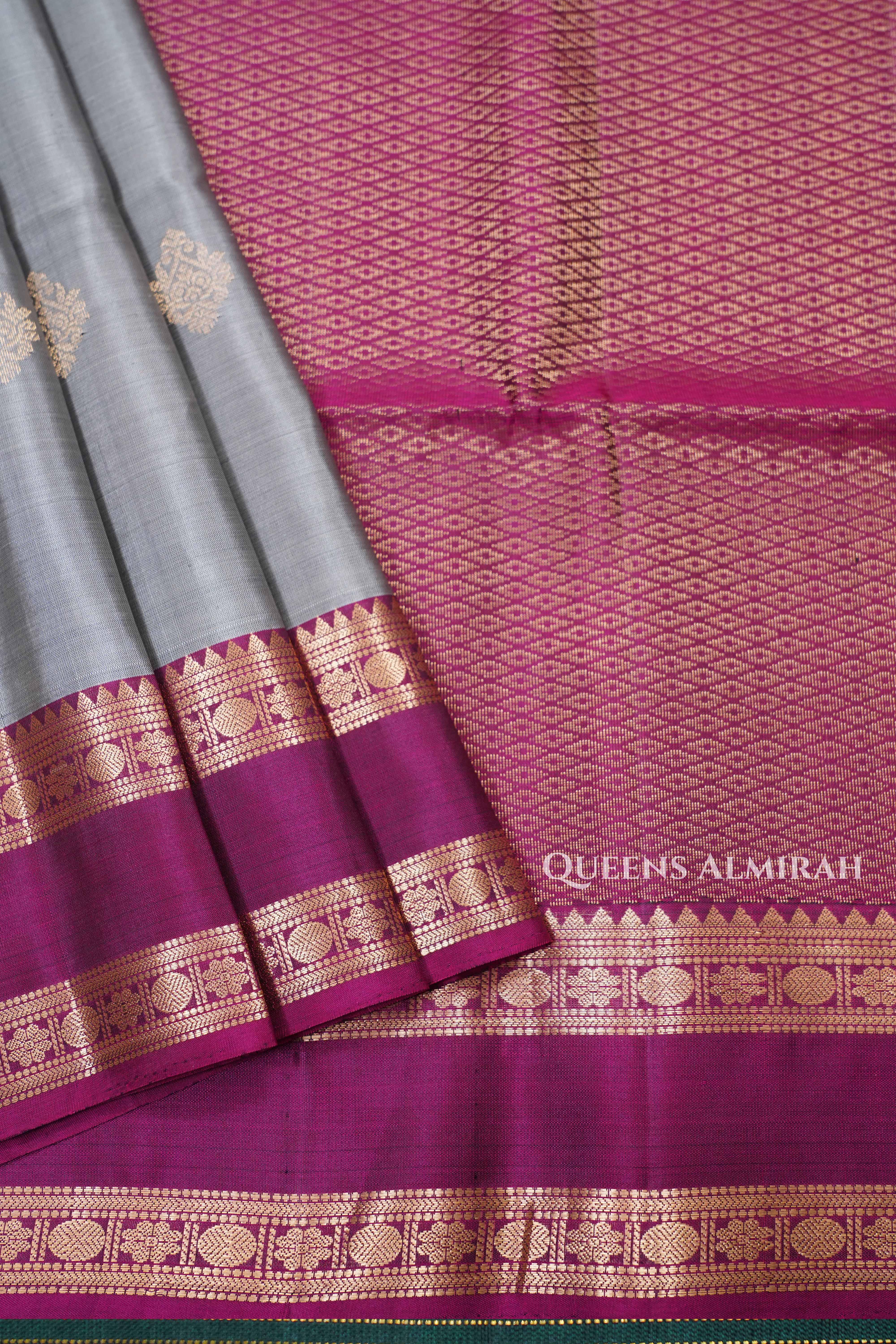 Ash Grey With Purple Pure Soft Silk Saree